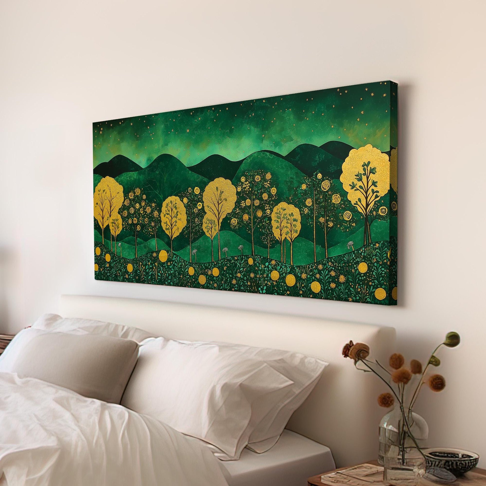 Emerald Green And Gold Landscape Wall Art For Living Room, Landscape Beautiful Landscape Canvas Print, Rustic Country Large Canvas Art