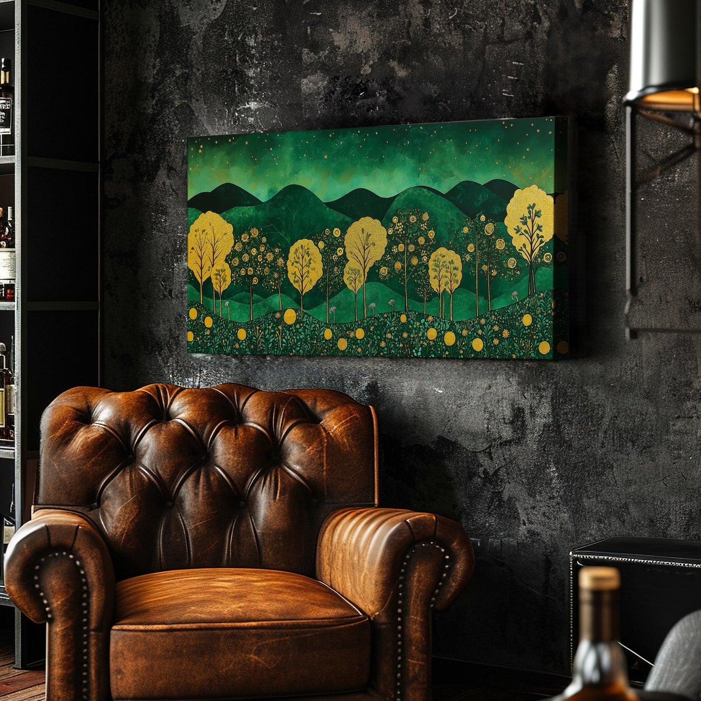 Emerald Green And Gold Landscape Wall Art For Living Room, Landscape Beautiful Landscape Canvas Print, Rustic Country Large Canvas Art