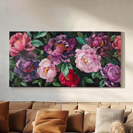 Enchanted Peony Canvas Wall Art For Living Room, Landscape Floral Canvas Print, Impressionist Large Canvas Art