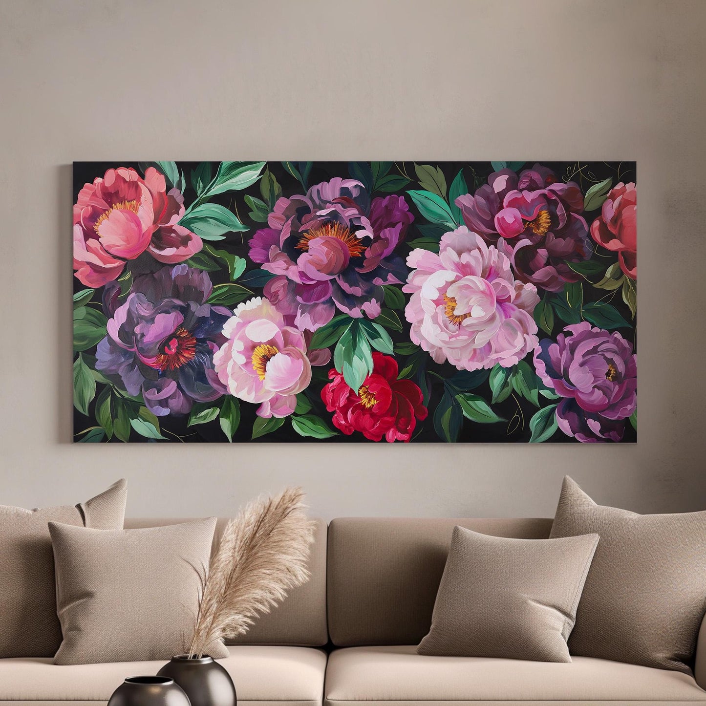 Enchanted Peony Canvas Wall Art For Living Room, Landscape Floral Canvas Print, Impressionist Large Canvas Art
