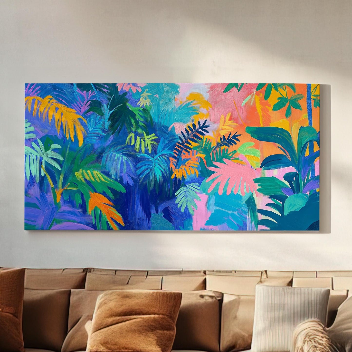Colorful Oil Jungle Canvas Wall Art For Living Room, Landscape Rainforest Canvas Print, Botanical Large Canvas Art
