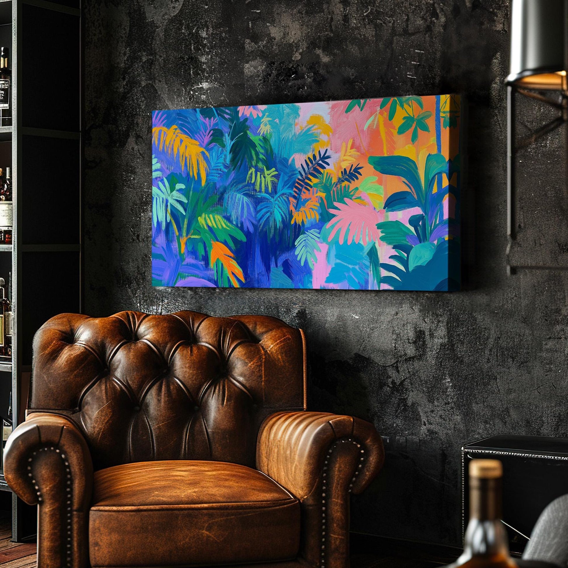 Colorful Oil Jungle Canvas Wall Art For Living Room, Landscape Rainforest Canvas Print, Botanical Large Canvas Art