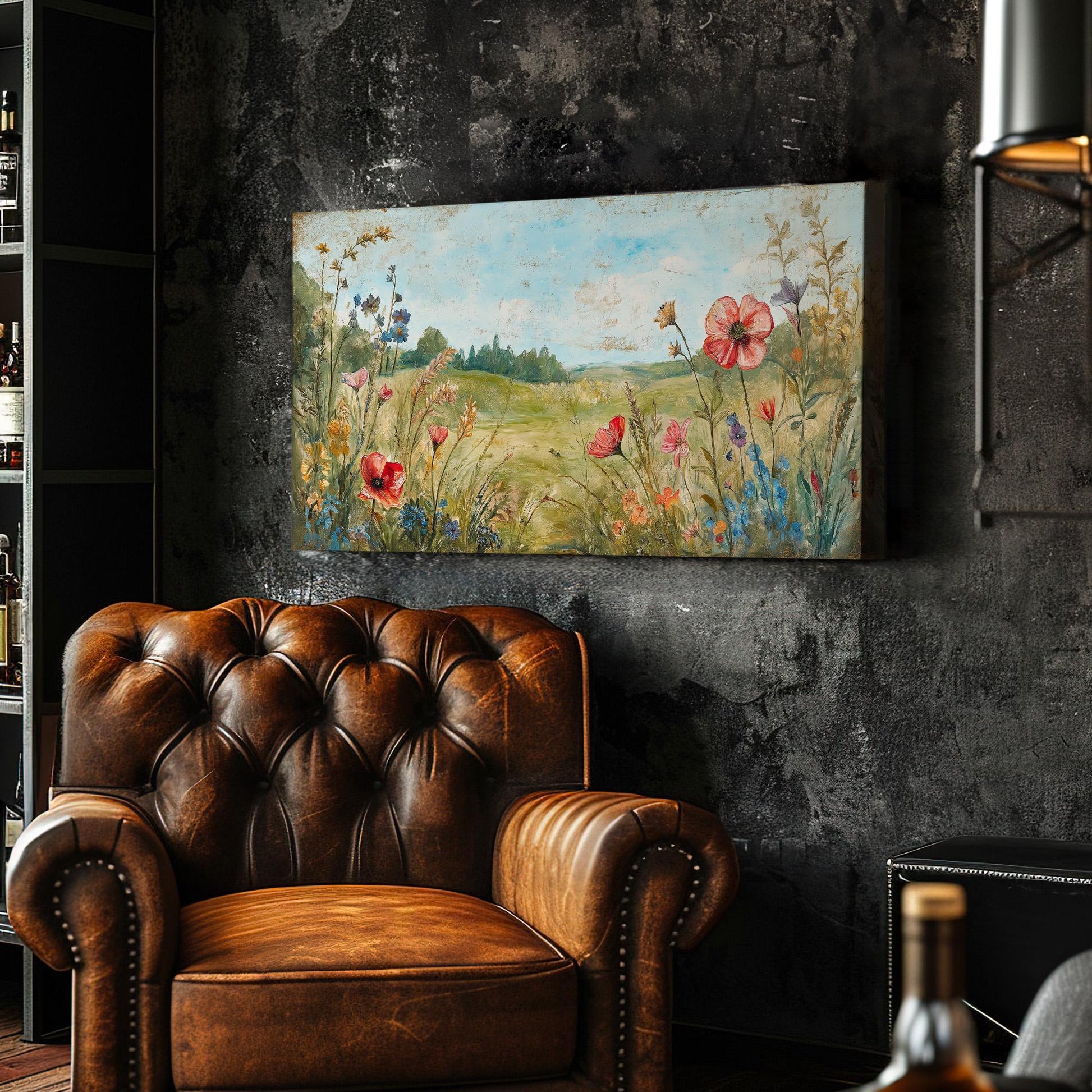 Colorful Wildflowers Canvas Wall Art For Living Room, Landscape Wildflower Meadow Canvas Print, Rustic Large Canvas Art