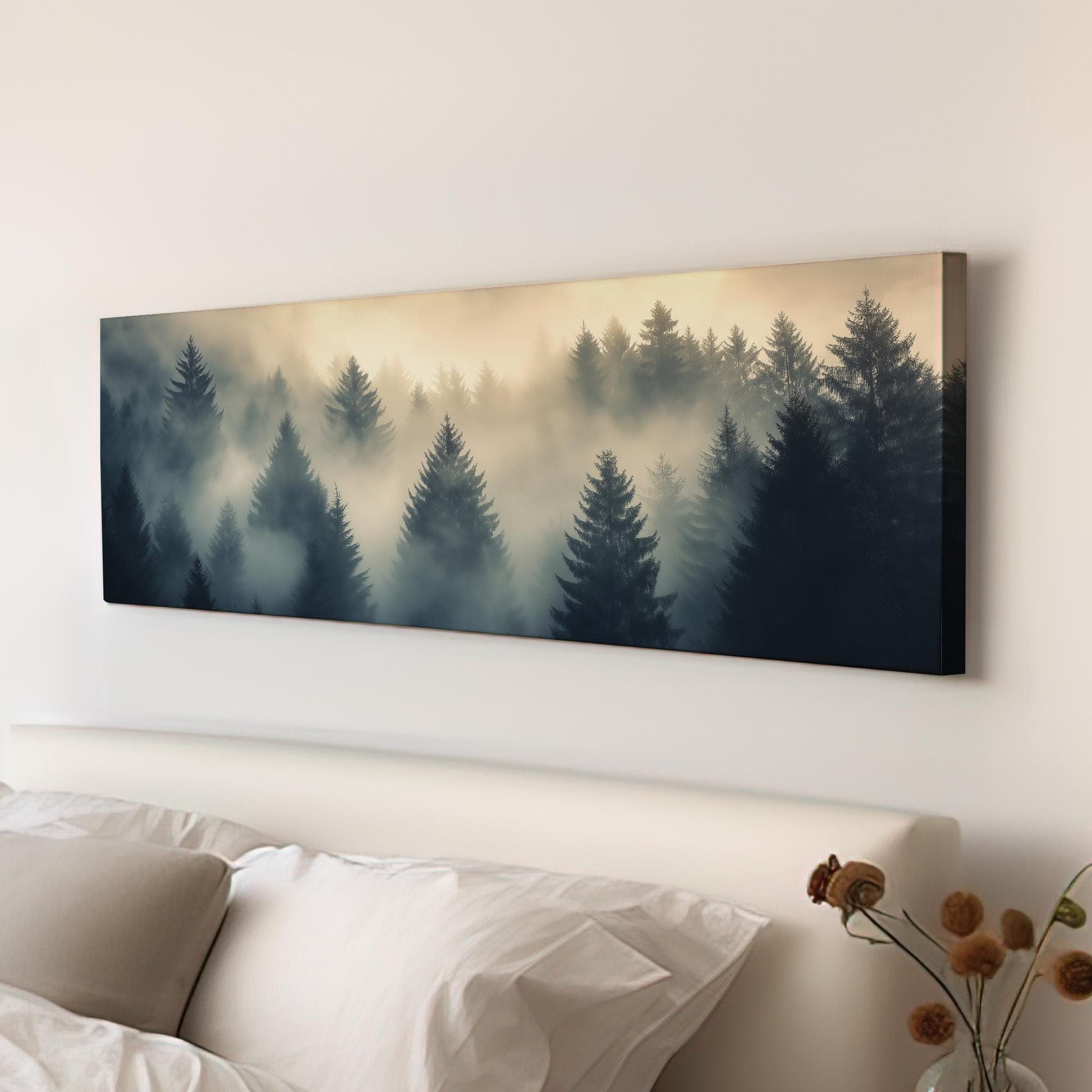 Misty Pine Forest Panoramic Canvas Print: Rustic Fall Decor