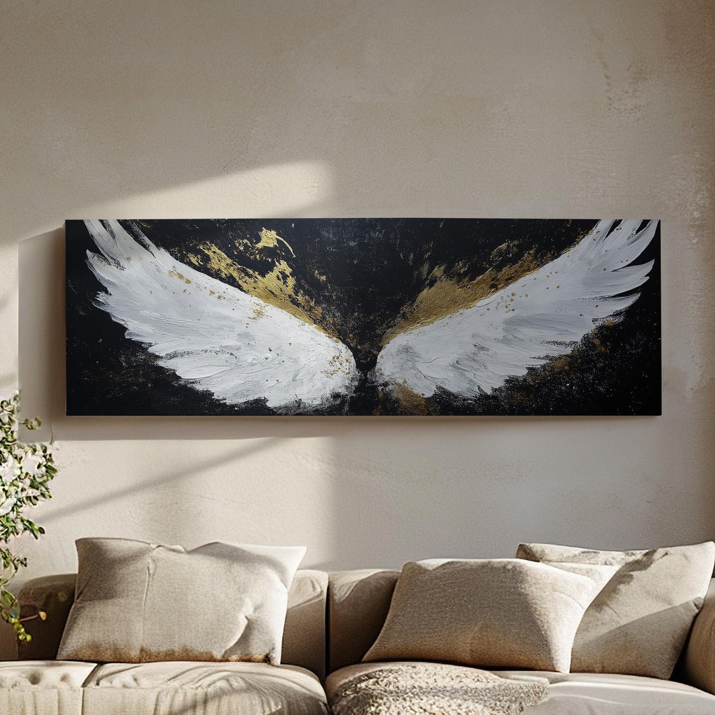 Gold Angel Wing Panoramic Wall Art Angelic, Panorama Blessed Canvas Print, Modern Decor Canvas Art