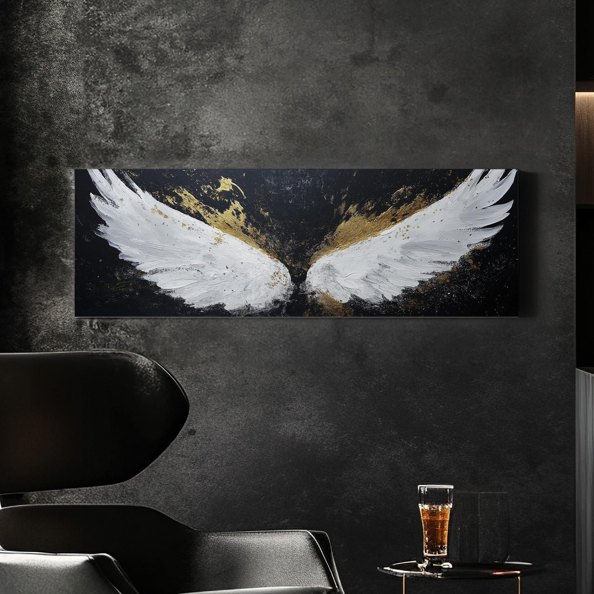 Gold Angel Wing Panoramic Wall Art Angelic, Panorama Blessed Canvas Print, Modern Decor Canvas Art