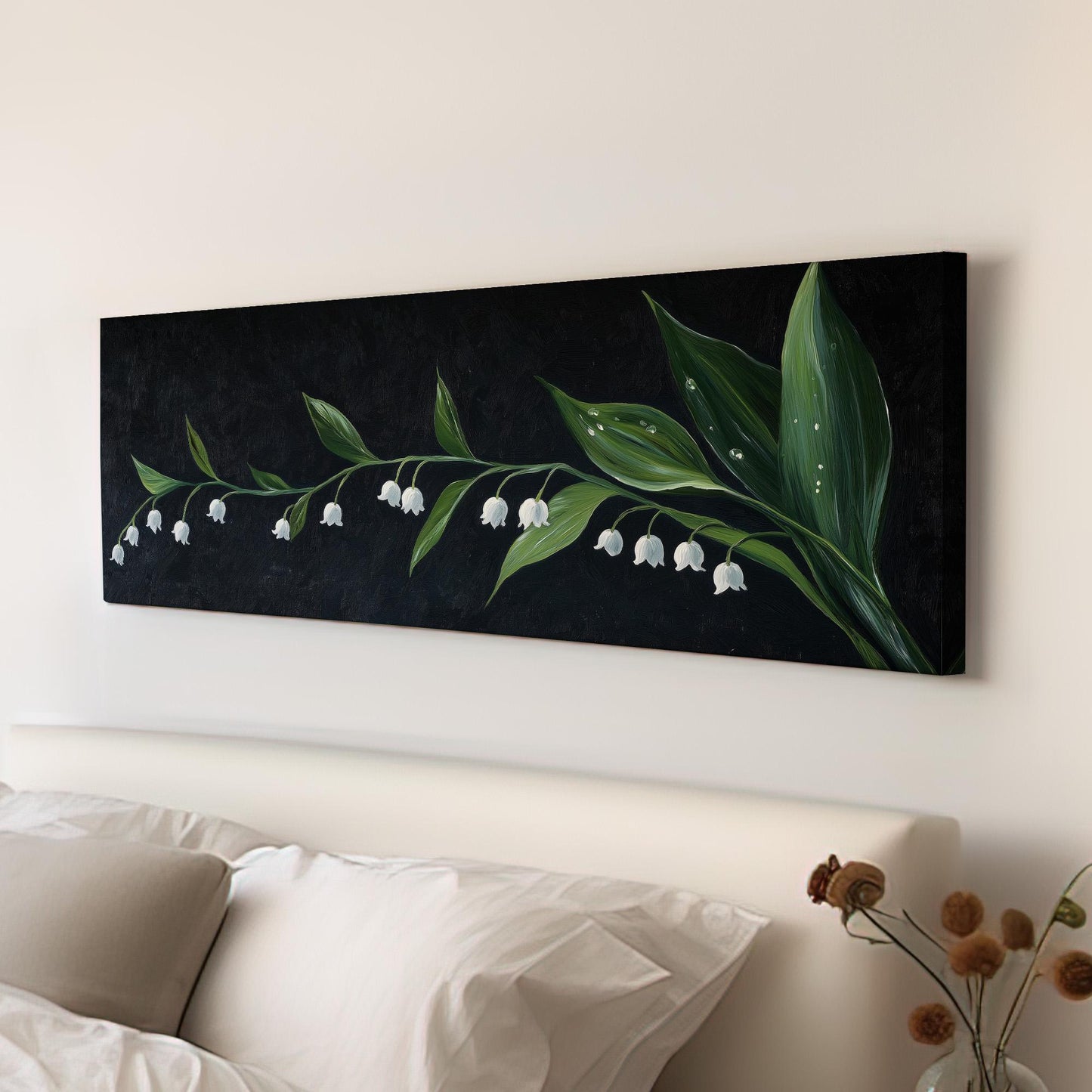 Lily of the Valley In The Dark Panoramic Wall Art Floral, Panorama Lillies Canvas Print, Still Life Decor Canvas Art