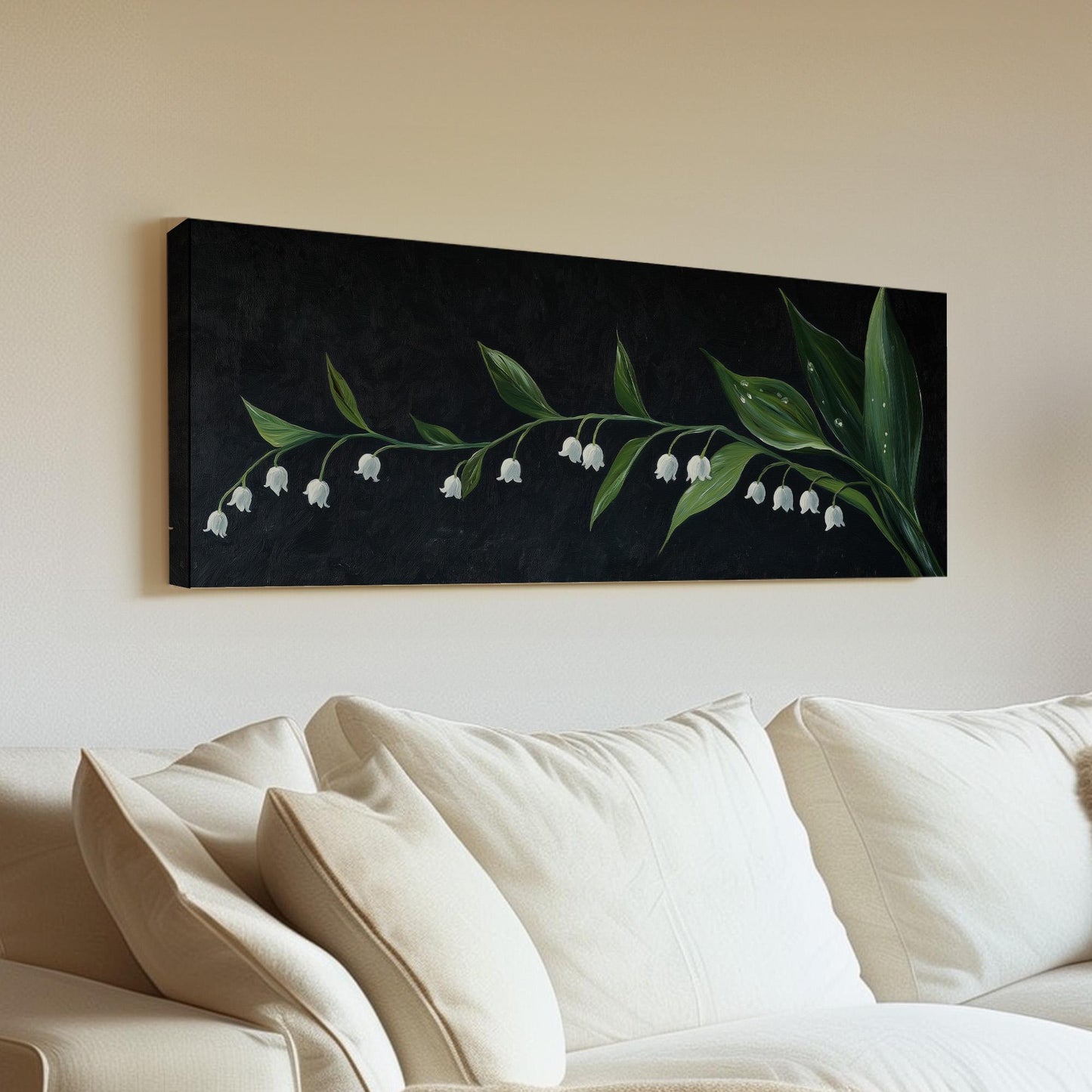 Lily of the Valley In The Dark Panoramic Wall Art Floral, Panorama Lillies Canvas Print, Still Life Decor Canvas Art