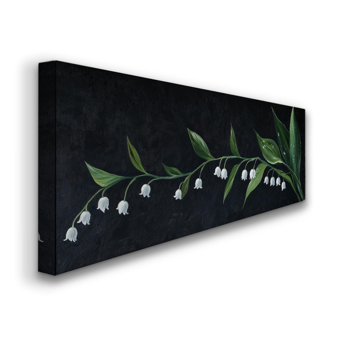 Lily of the Valley In The Dark Panoramic Wall Art Floral, Panorama Lillies Canvas Print, Still Life Decor Canvas Art