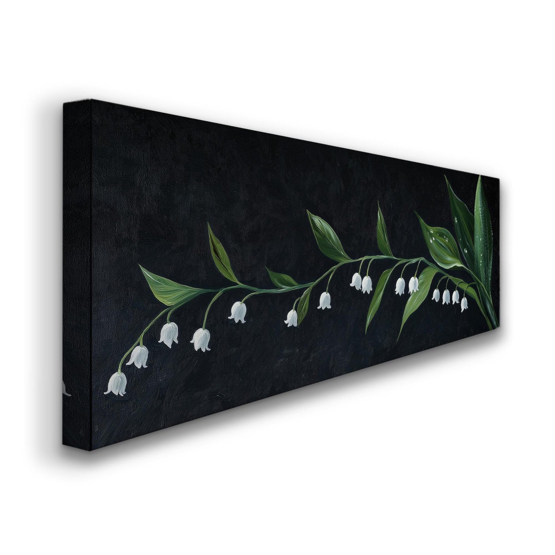 Lily of the Valley In The Dark Panoramic Wall Art Floral, Panorama Lillies Canvas Print, Still Life Decor Canvas Art