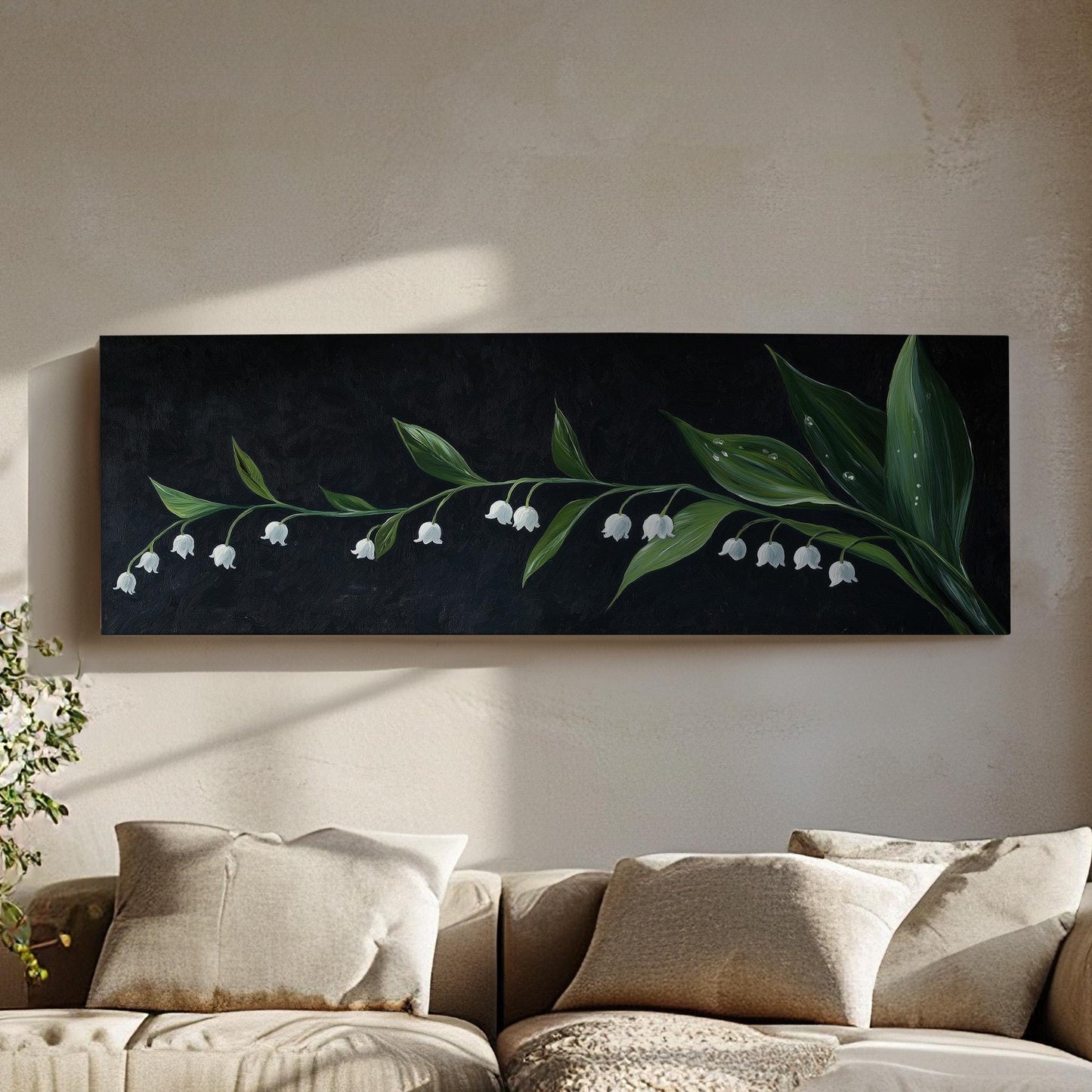 Lily of the Valley In The Dark Panoramic Wall Art Floral, Panorama Lillies Canvas Print, Still Life Decor Canvas Art