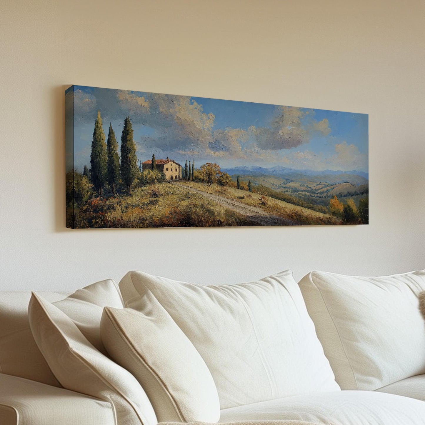 Lone Farm Panoramic Wall Art Tuscany, Panorama Tuscan Village Canvas Print, Italian Countryside Decor Canvas Art