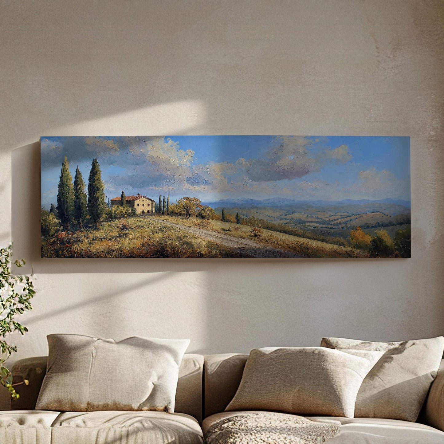 Lone Farm Panoramic Wall Art Tuscany, Panorama Tuscan Village Canvas Print, Italian Countryside Decor Canvas Art