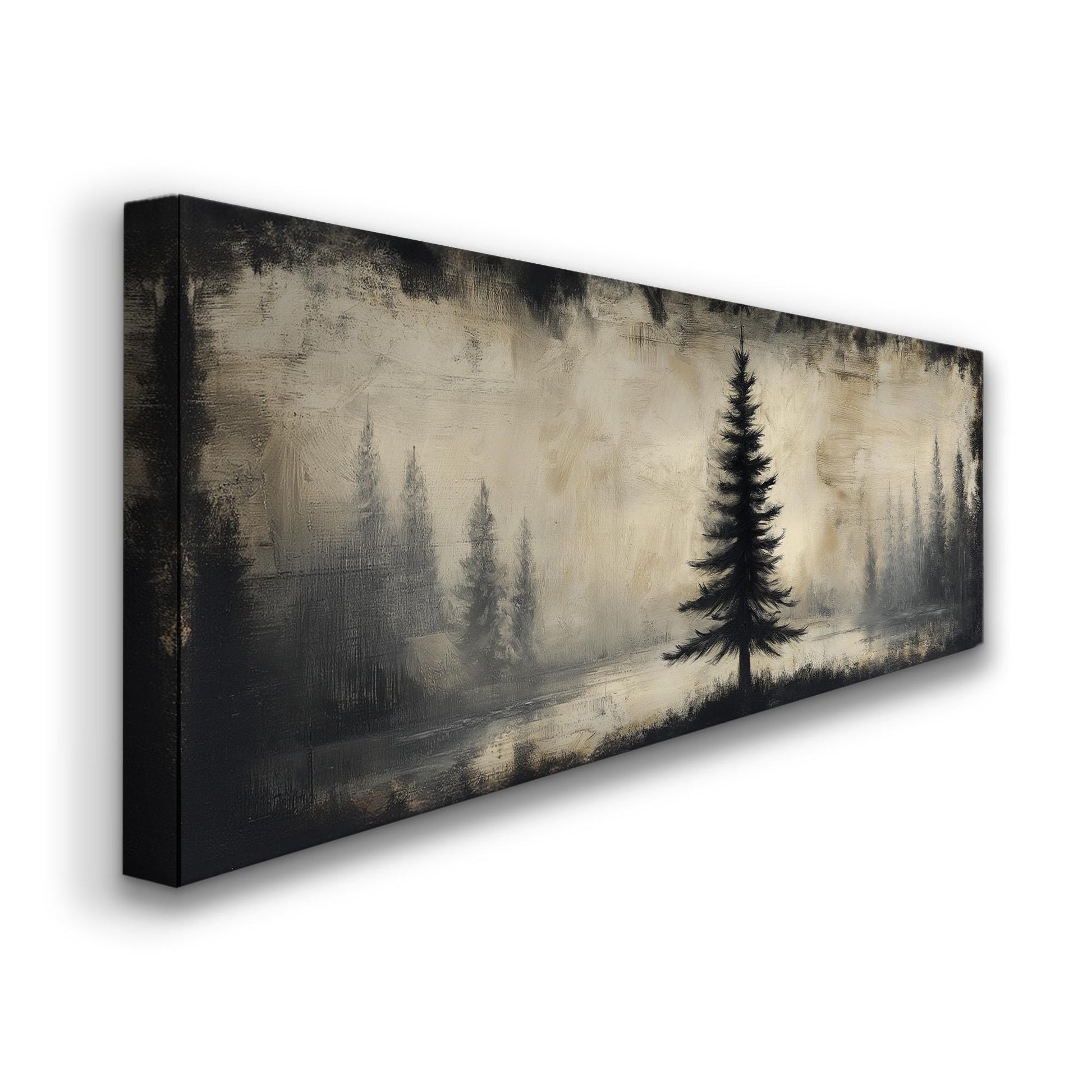 Lone Pine Tree At The Lake Panoramic Wall Art Forest, Panorama Cozy Autumn Canvas Print, Rustic Fall Decor Canvas Art