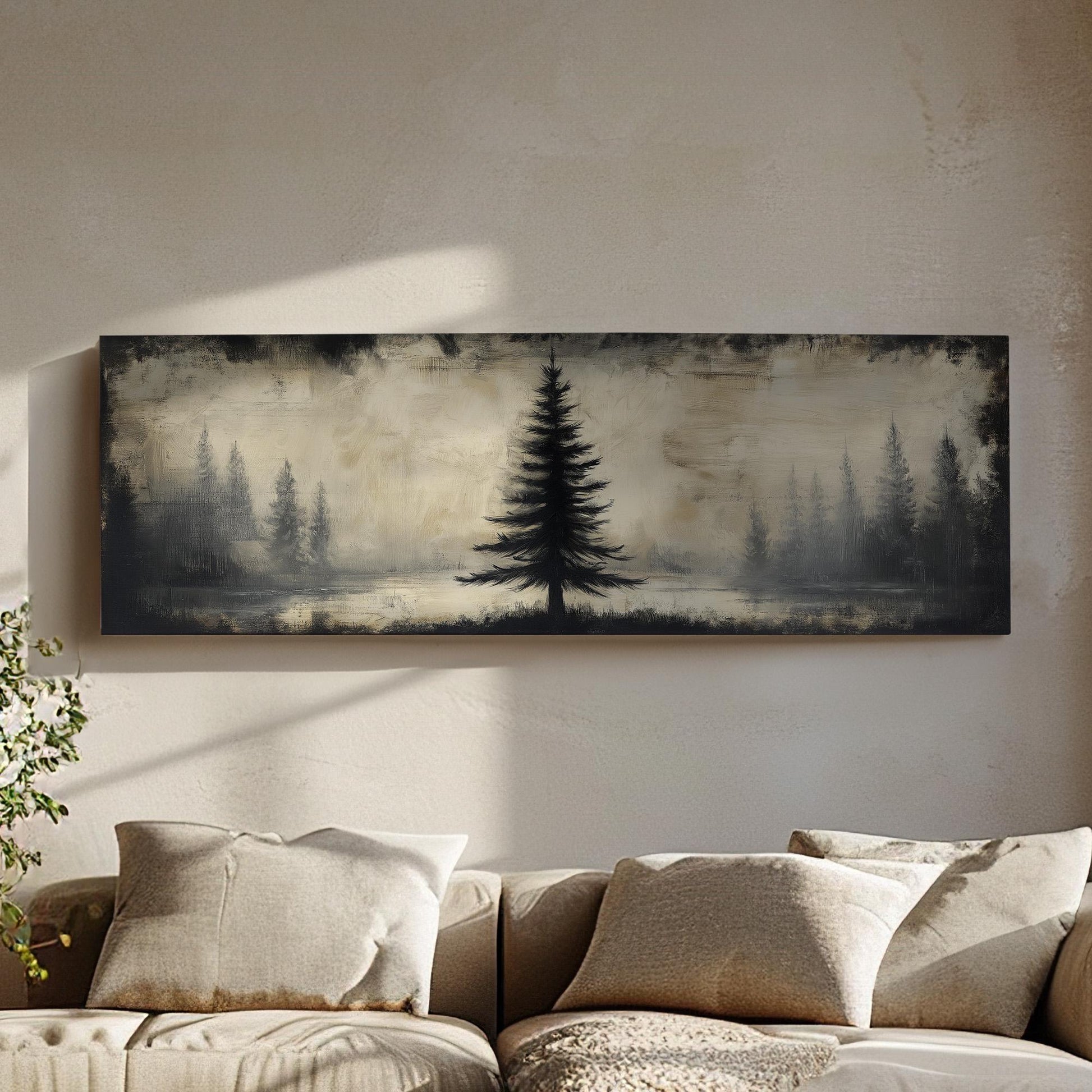 Lone Pine Tree At The Lake Panoramic Wall Art Forest, Panorama Cozy Autumn Canvas Print, Rustic Fall Decor Canvas Art