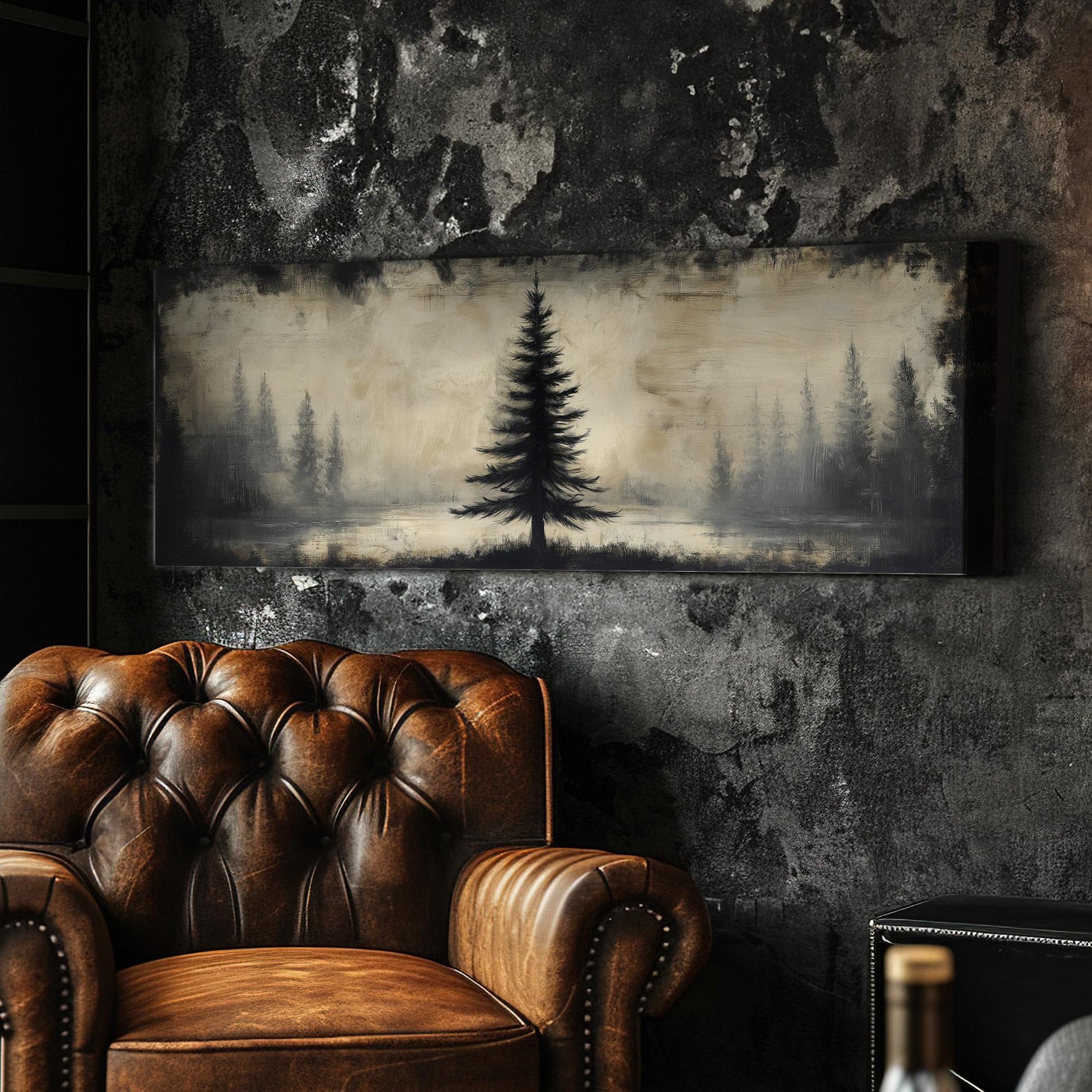 Lone Pine Tree At The Lake Panoramic Wall Art Forest, Panorama Cozy Autumn Canvas Print, Rustic Fall Decor Canvas Art