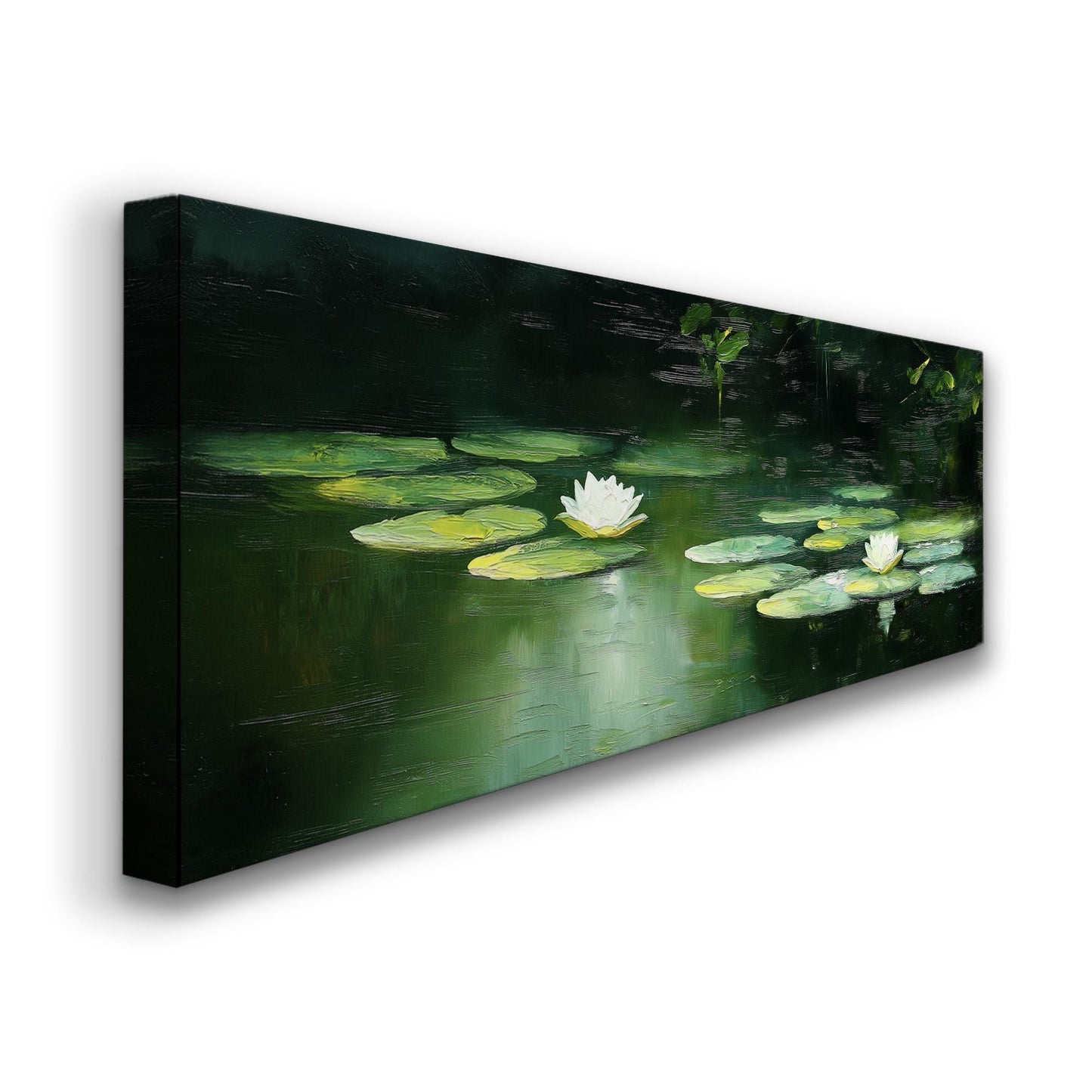 Oil Lily On Lake Panoramic Wall Art Tropical Garden, Panorama Quiet Pond Canvas Print, Tranquil Decor Canvas Art