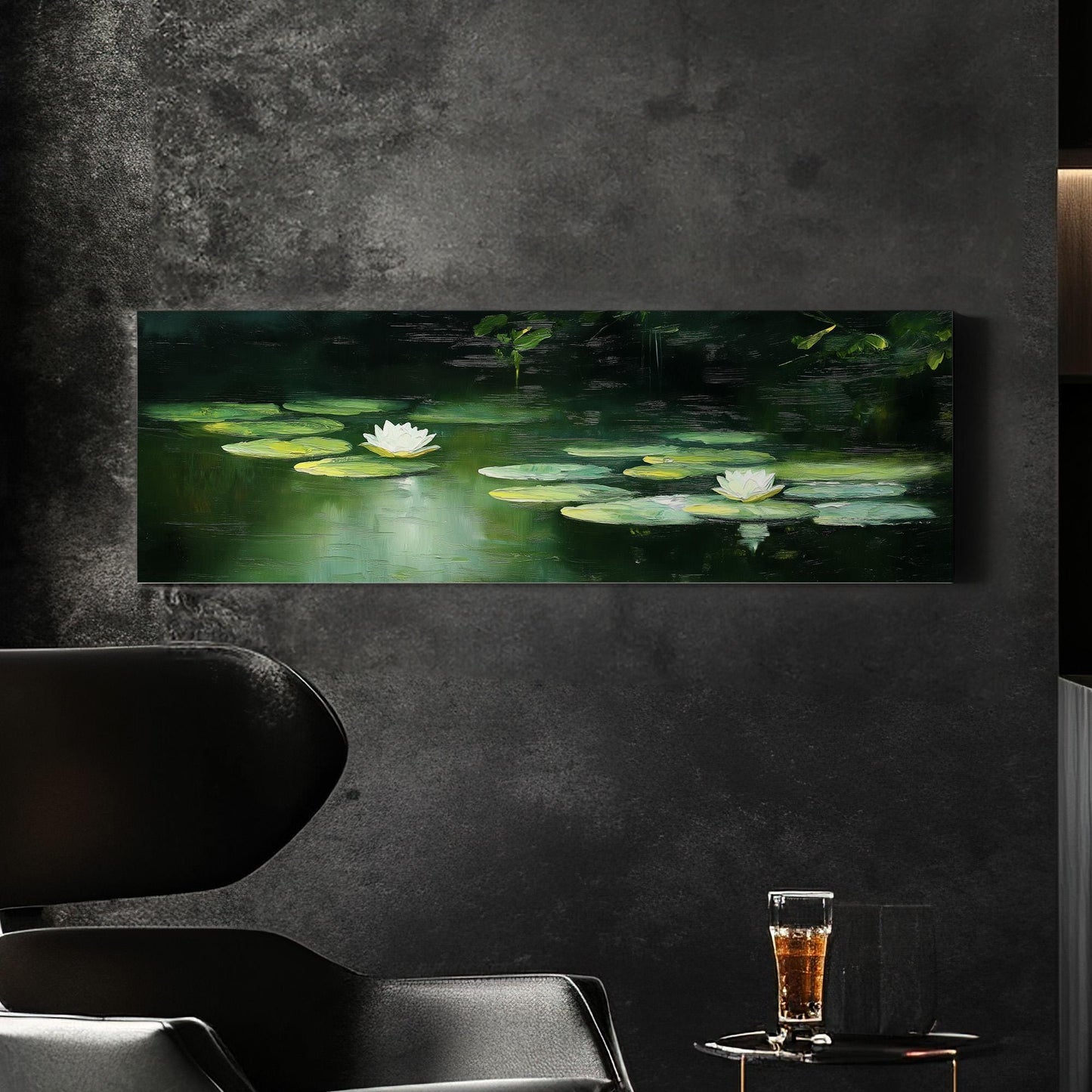 Oil Lily On Lake Panoramic Wall Art Tropical Garden, Panorama Quiet Pond Canvas Print, Tranquil Decor Canvas Art