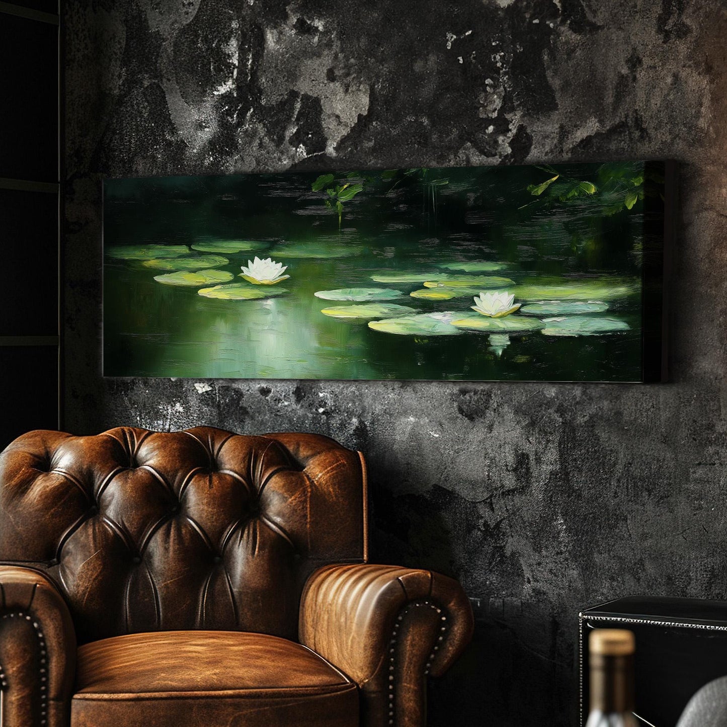 Oil Lily On Lake Panoramic Wall Art Tropical Garden, Panorama Quiet Pond Canvas Print, Tranquil Decor Canvas Art