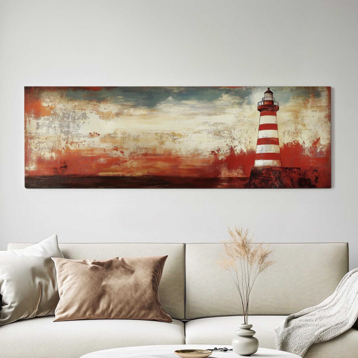 Red Lighthouse Panoramic Wall Art Lakehouse, Panorama Boathouse Canvas Print, Sea Coast Decor Canvas Art