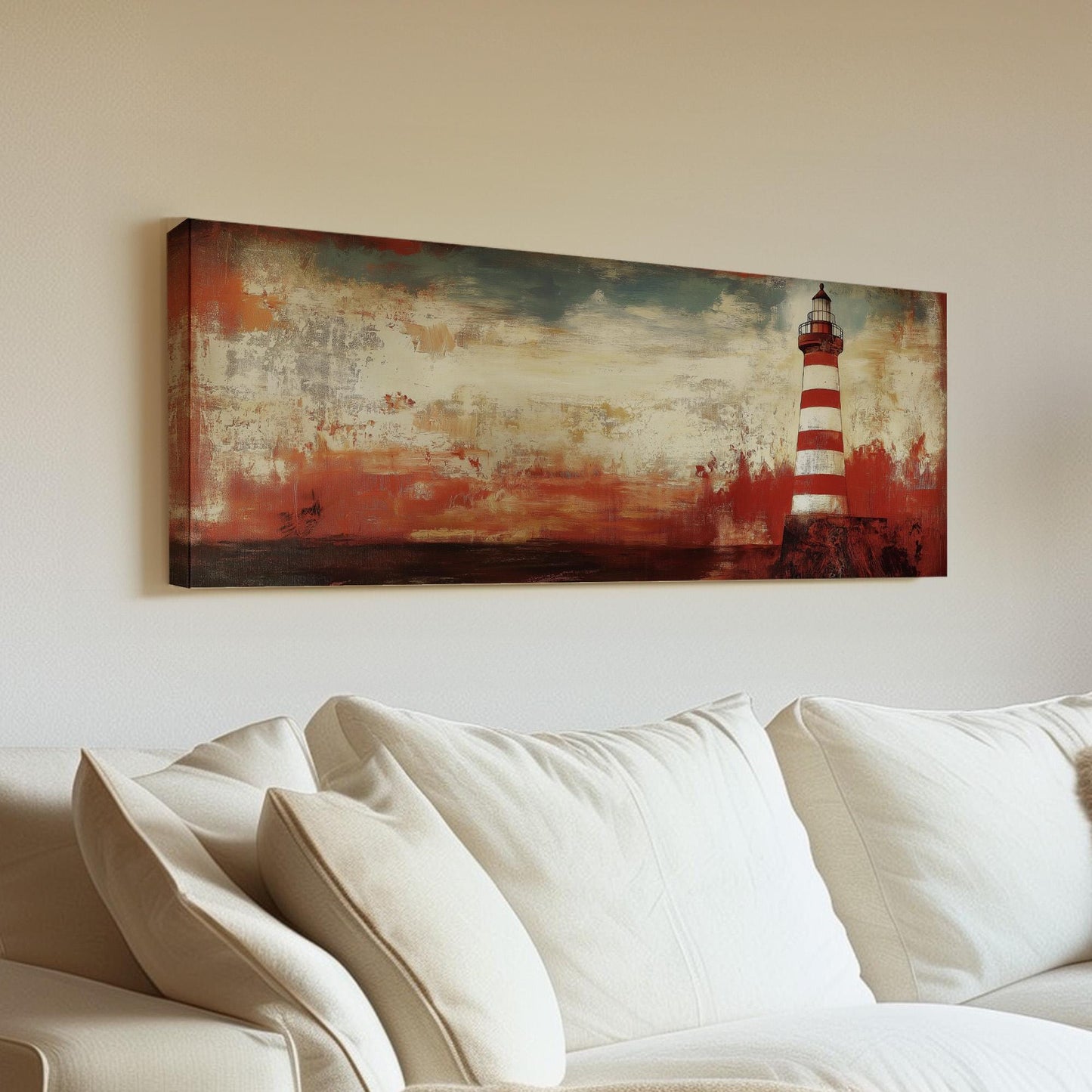 Red Lighthouse Panoramic Wall Art Lakehouse, Panorama Boathouse Canvas Print, Sea Coast Decor Canvas Art