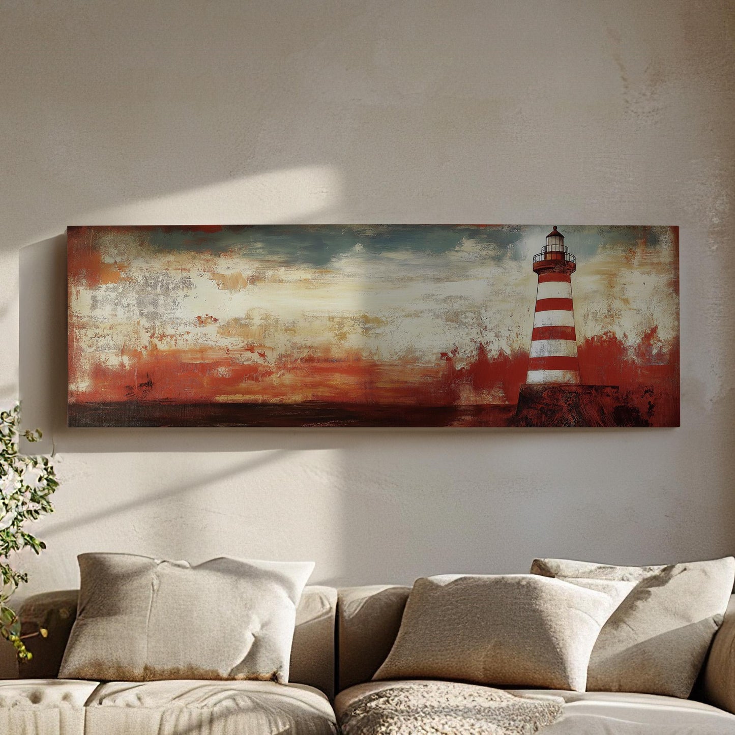 Red Lighthouse Panoramic Wall Art Lakehouse, Panorama Boathouse Canvas Print, Sea Coast Decor Canvas Art