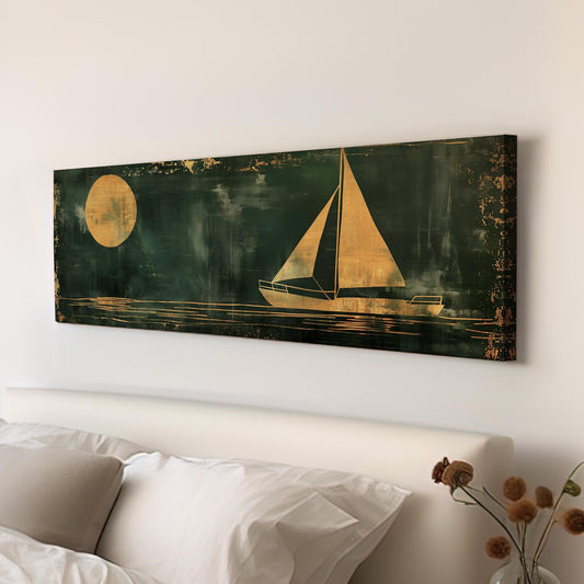 Sailboat Full Moon Panoramic Wall Art For Bedroom, Panorama Lake House Canvas Print, Green And Gold Decor Canvas Art