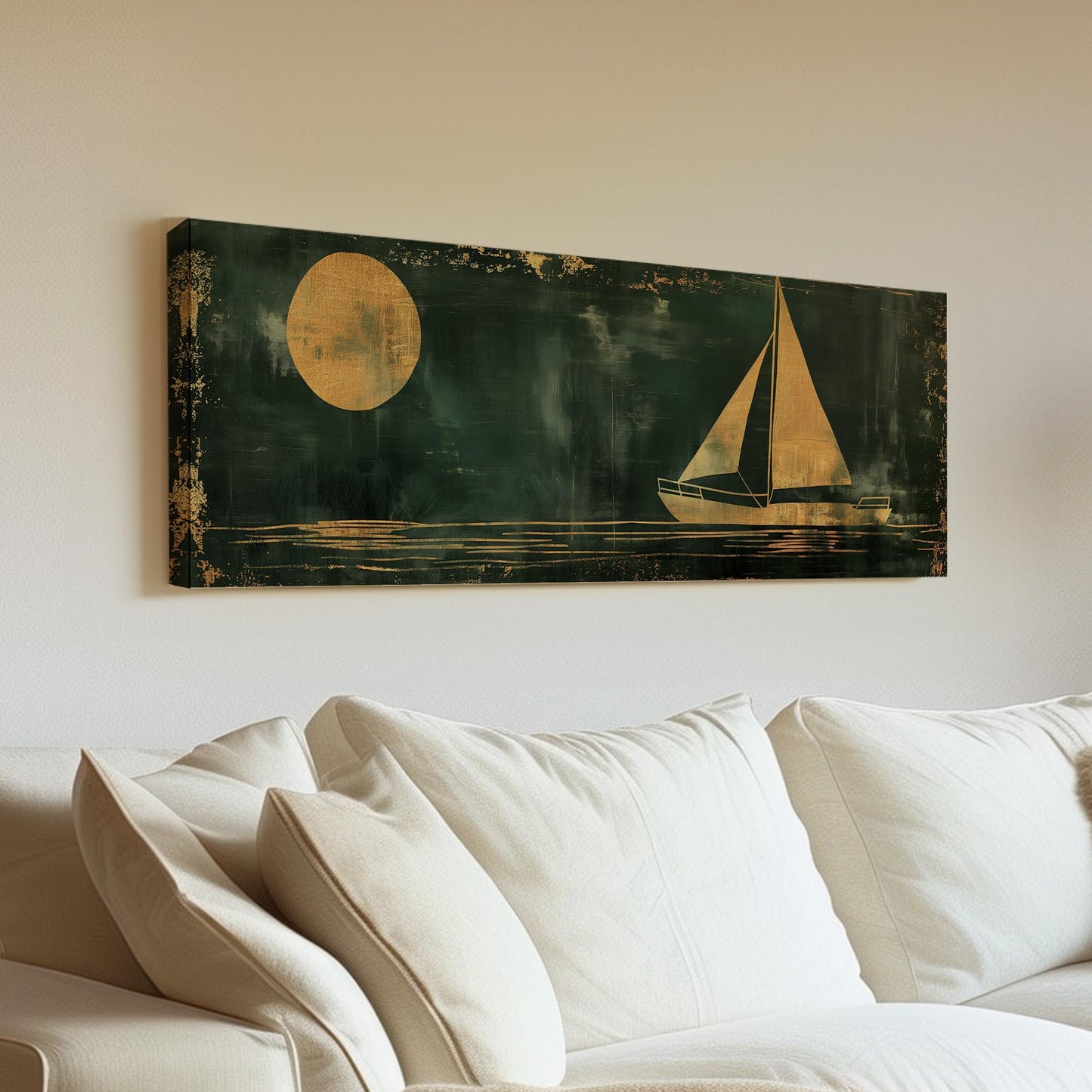 Sailboat Full Moon Panoramic Wall Art For Bedroom, Panorama Lake House Canvas Print, Green And Gold Decor Canvas Art