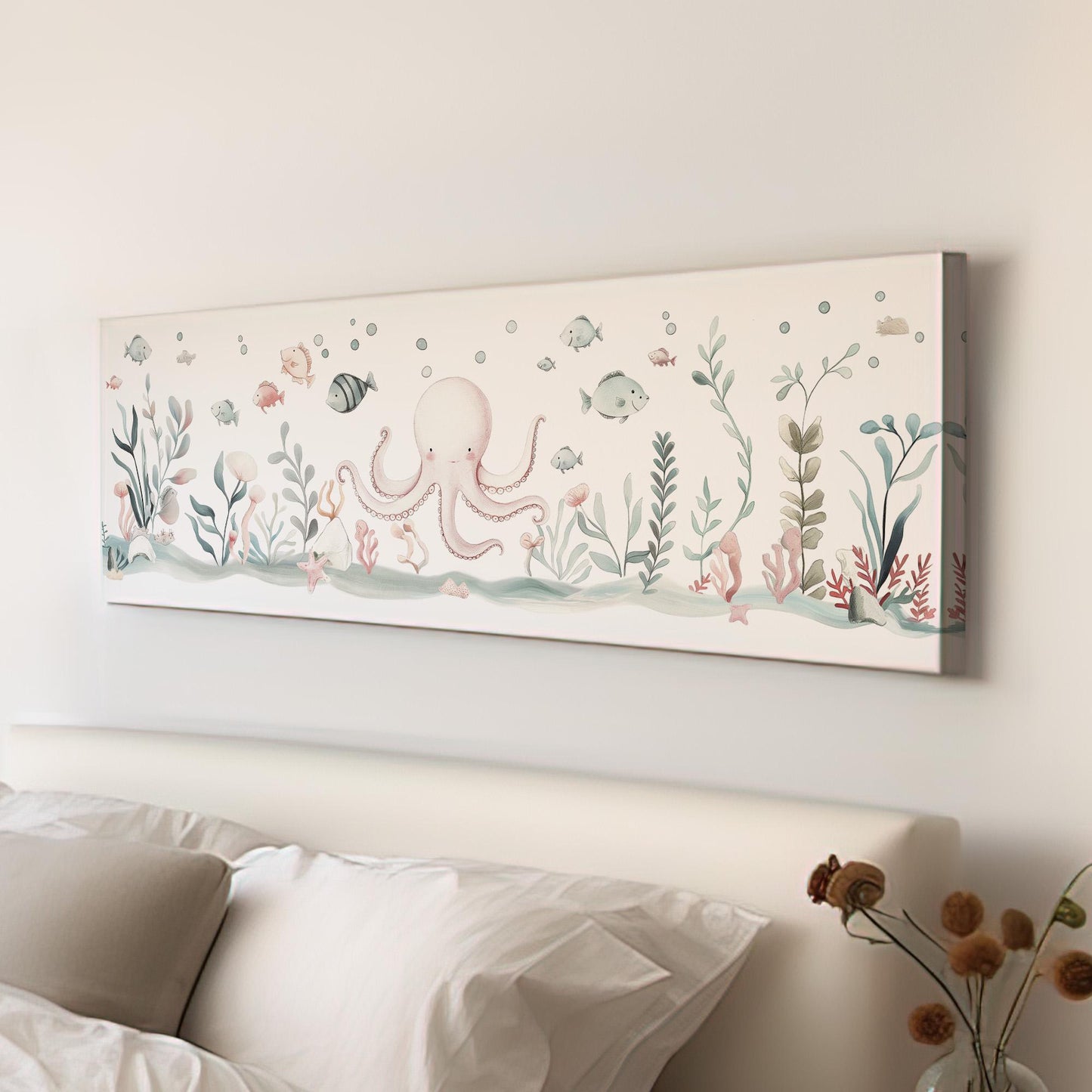 Octopus Nursery Panoramic Wall Art Sea Creature, Panorama Nautical Canvas Print, Beach House Decor Canvas Art