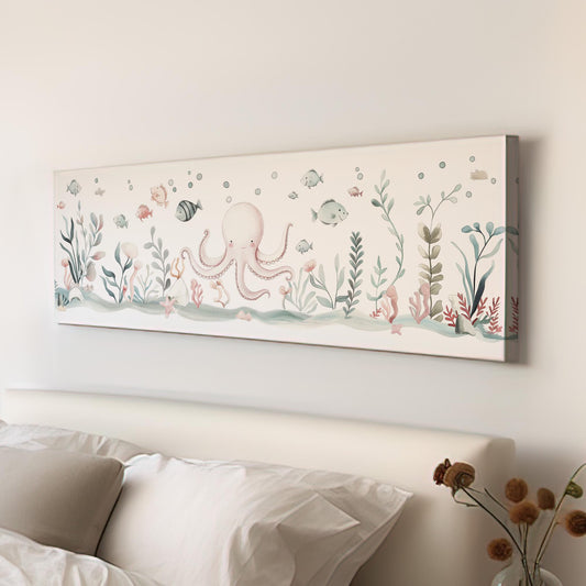 Octopus Nursery Panoramic Wall Art Sea Creature, Panorama Nautical Canvas Print, Beach House Decor Canvas Art