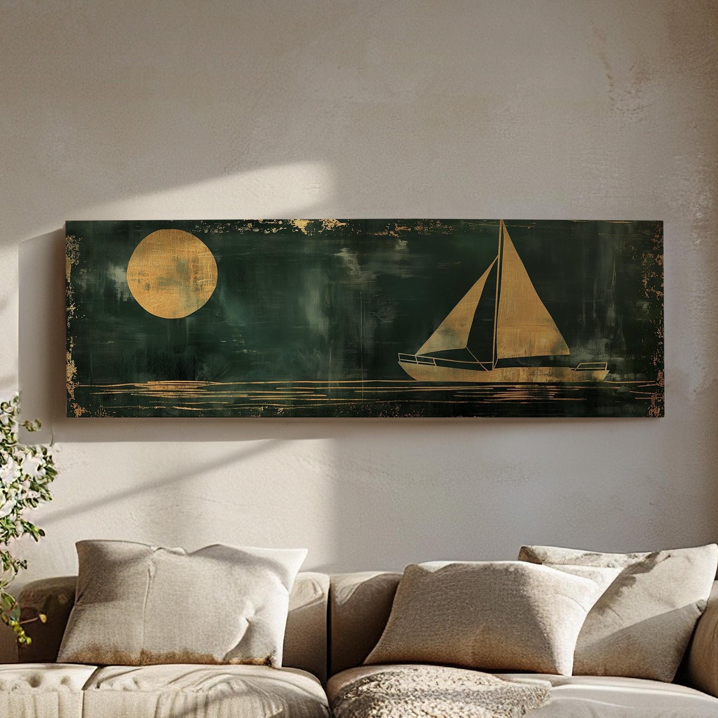 Sailboat Full Moon Panoramic Wall Art For Bedroom, Panorama Lake House Canvas Print, Green And Gold Decor Canvas Art