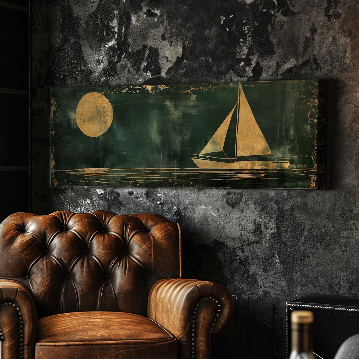 Sailboat Full Moon Panoramic Wall Art For Bedroom, Panorama Lake House Canvas Print, Green And Gold Decor Canvas Art