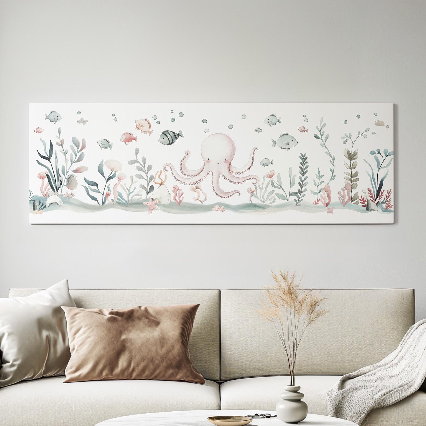 Octopus Nursery Panoramic Wall Art Sea Creature, Panorama Nautical Canvas Print, Beach House Decor Canvas Art
