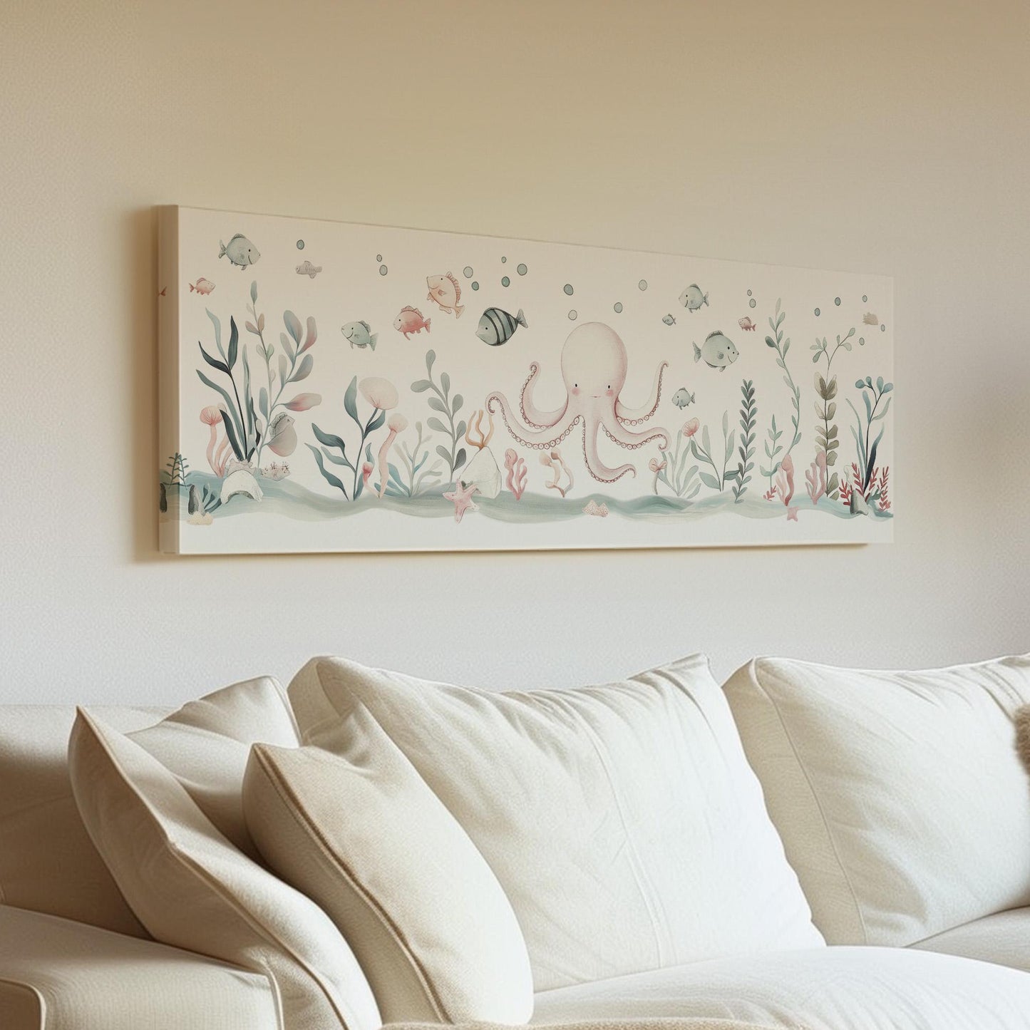 Octopus Nursery Panoramic Wall Art Sea Creature, Panorama Nautical Canvas Print, Beach House Decor Canvas Art