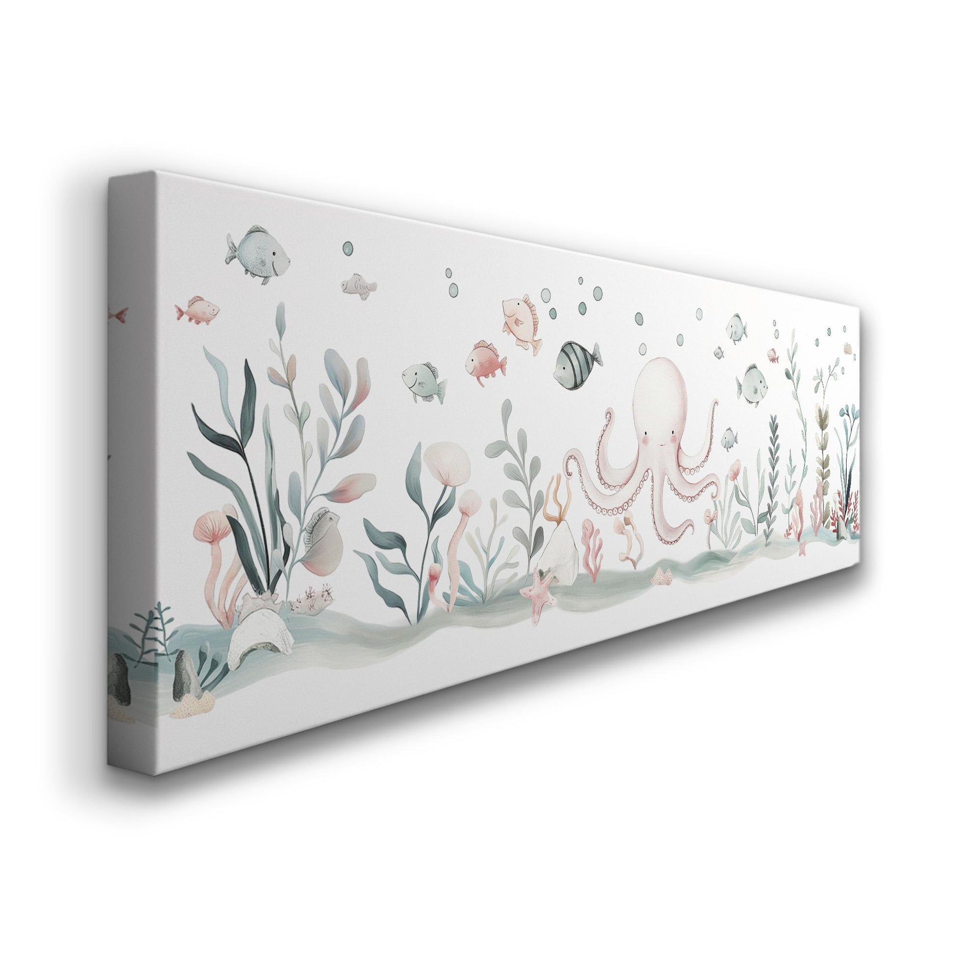 Octopus Nursery Panoramic Wall Art Sea Creature, Panorama Nautical Canvas Print, Beach House Decor Canvas Art