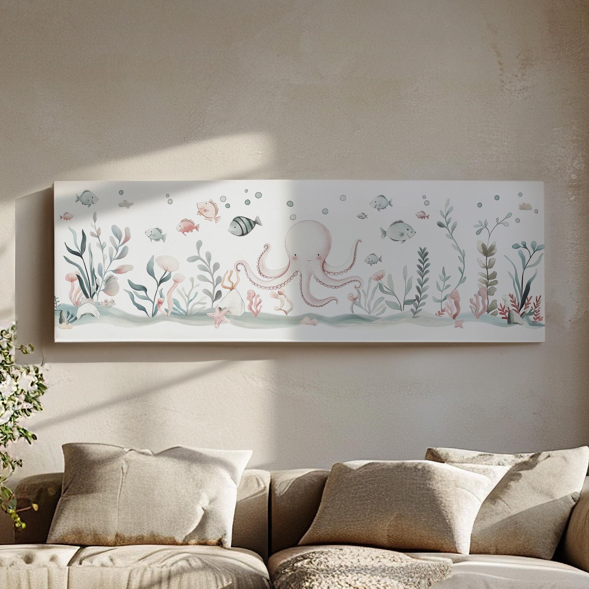 Octopus Nursery Panoramic Wall Art Sea Creature, Panorama Nautical Canvas Print, Beach House Decor Canvas Art