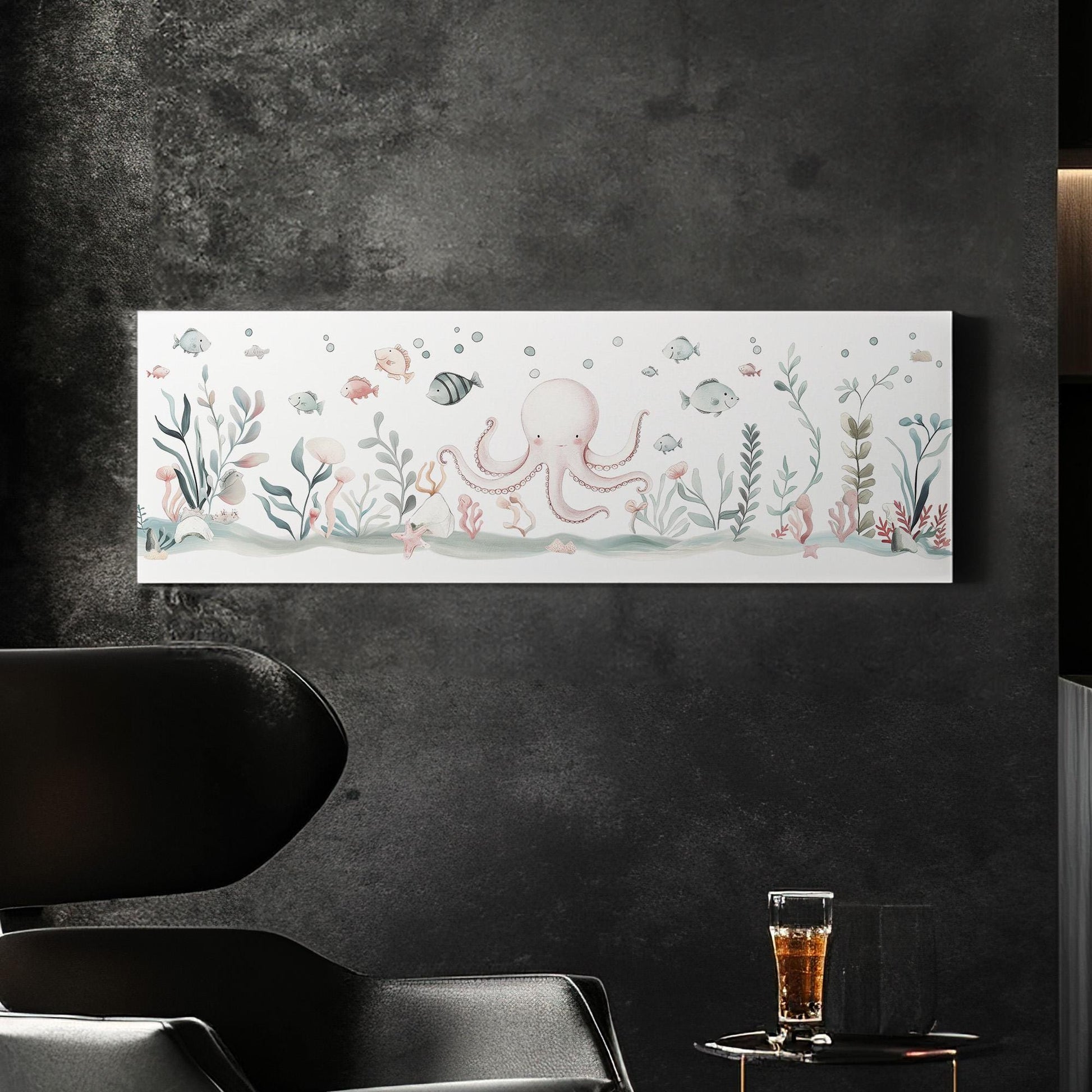 Octopus Nursery Panoramic Wall Art Sea Creature, Panorama Nautical Canvas Print, Beach House Decor Canvas Art
