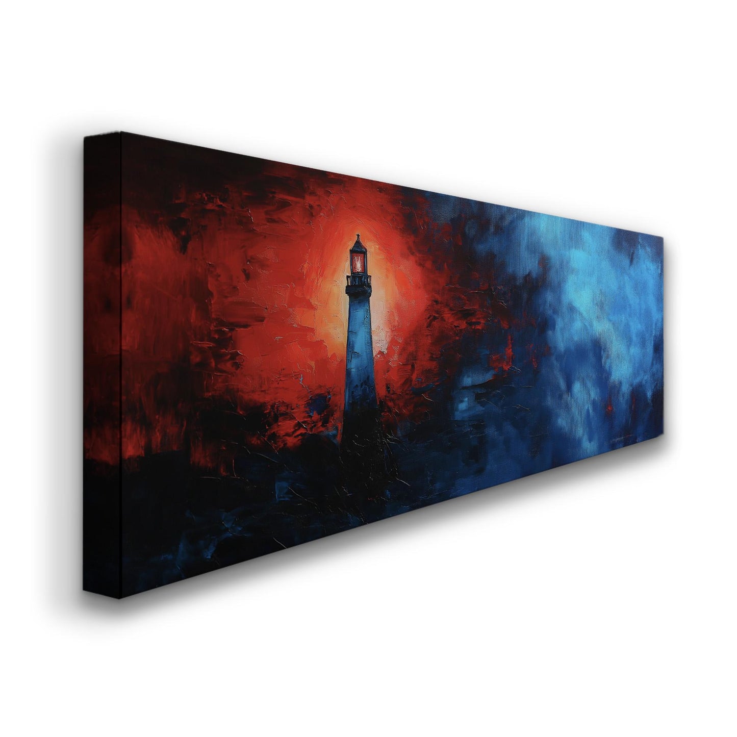 Red Lighthouse In The Huge Fog Panoramic Wall Art Lakehouse, Panorama Boathouse Canvas Print, Sea Coast Decor Canvas Art