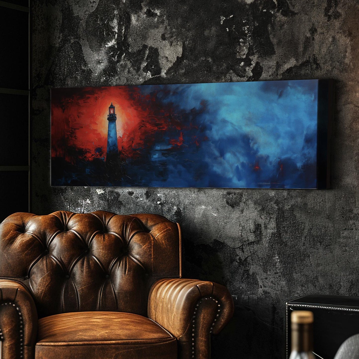 Red Lighthouse In The Huge Fog Panoramic Wall Art Lakehouse, Panorama Boathouse Canvas Print, Sea Coast Decor Canvas Art