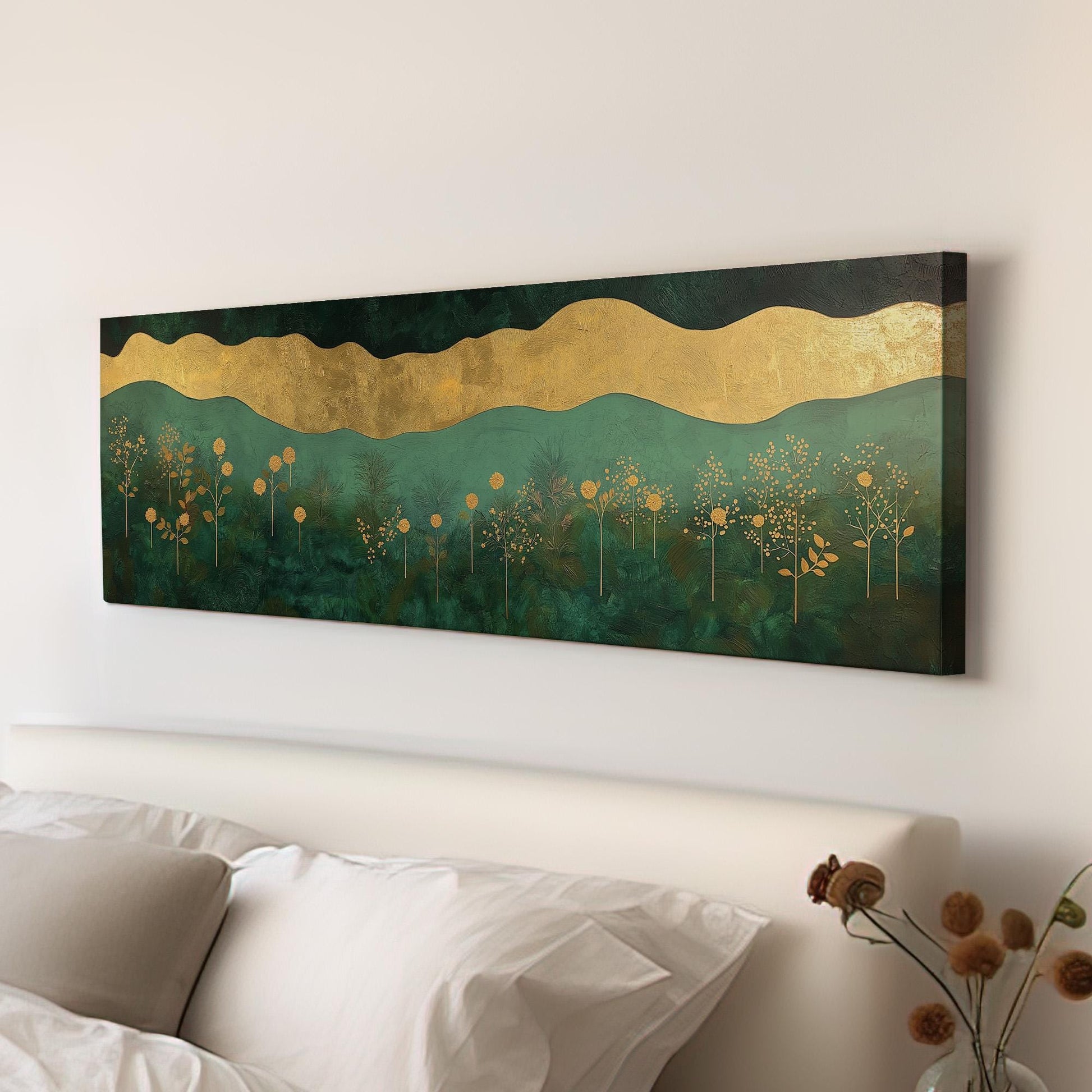 Golden Floral Landscape Panoramic Wall Art Emerald Green, Panorama Beautiful Landscape Canvas Print, Rustic Country Decor Canvas Art