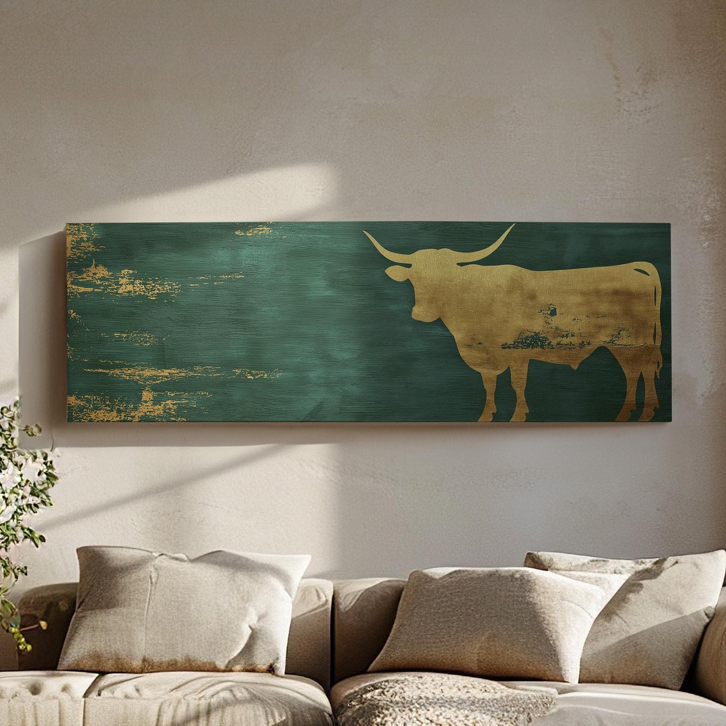 Gold Highland Cow Panoramic Wall Art Farmhouse, Panorama Dark Green Canvas Print, Rustic Decor Canvas Art