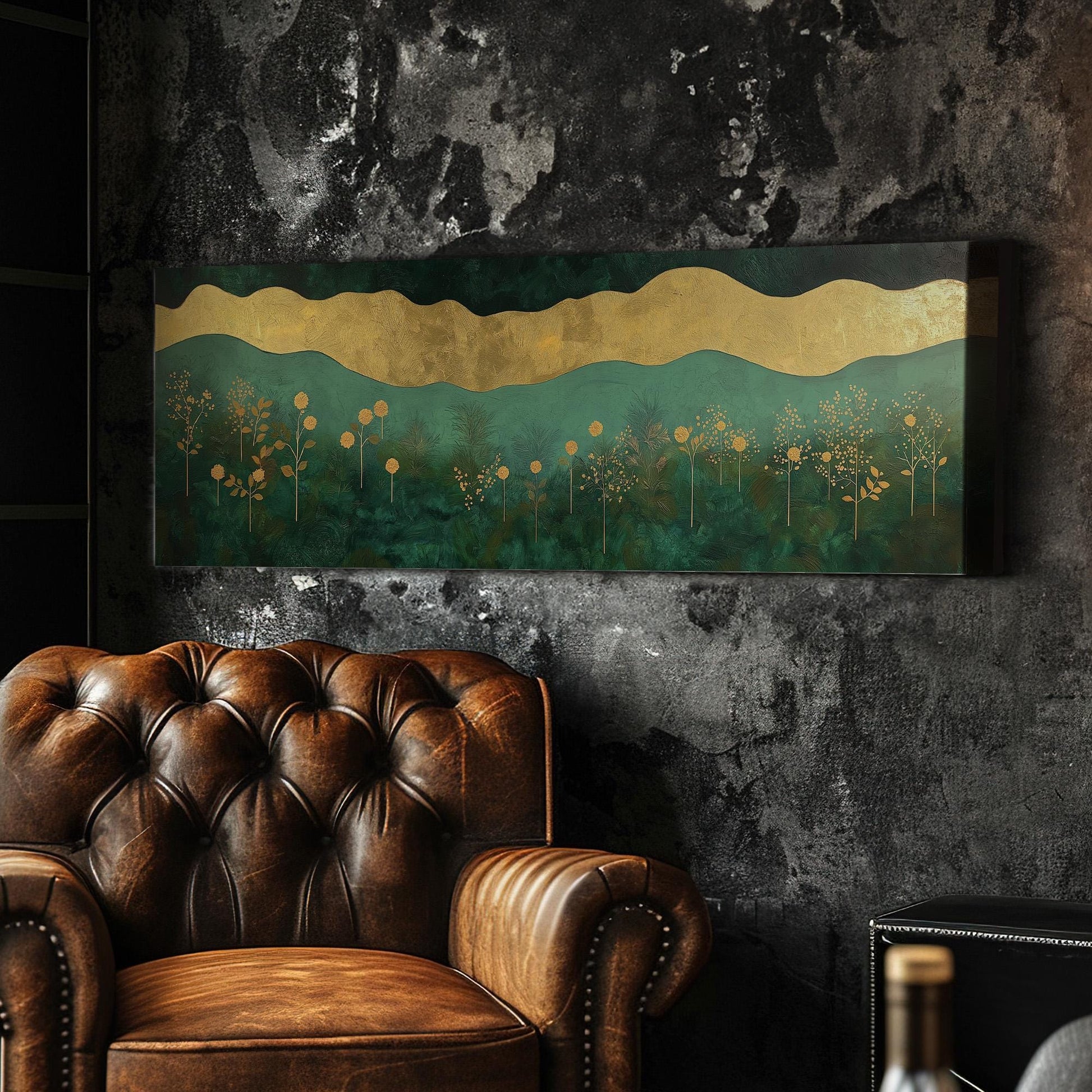Golden Floral Landscape Panoramic Wall Art Emerald Green, Panorama Beautiful Landscape Canvas Print, Rustic Country Decor Canvas Art