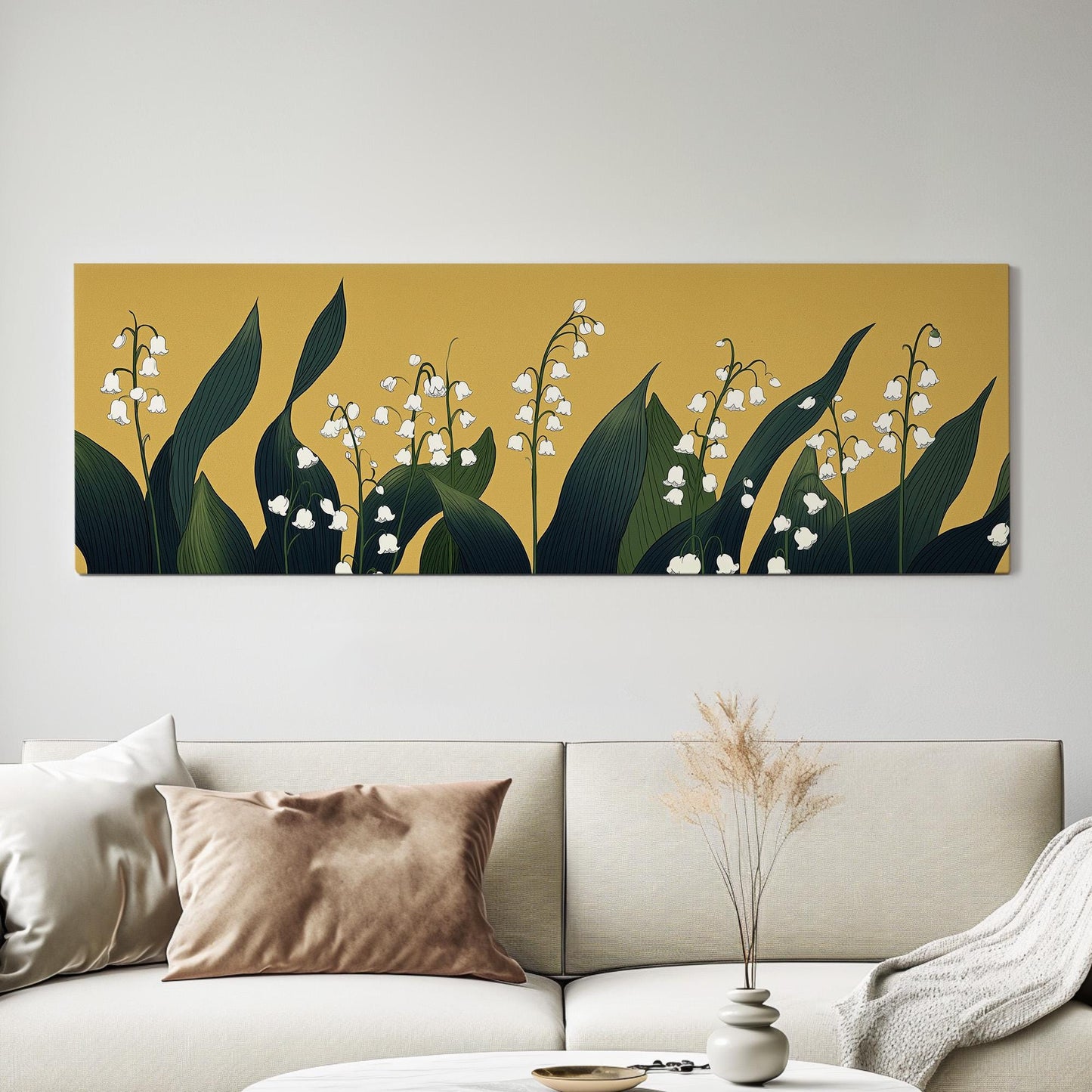 Lily of the Valley Field Panoramic Wall Art Floral, Panorama Lillies Canvas Print, Still Life Decor Canvas Art