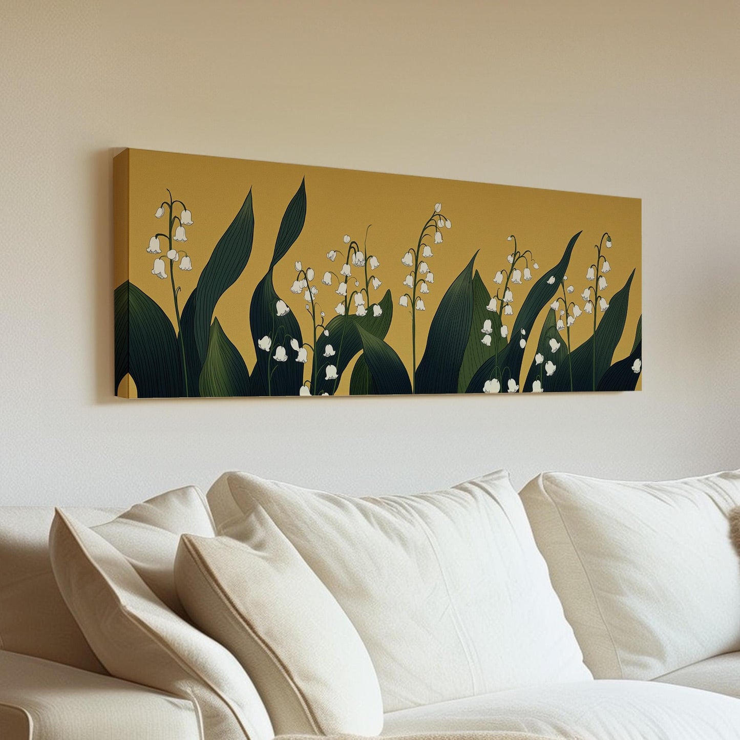 Lily of the Valley Field Panoramic Wall Art Floral, Panorama Lillies Canvas Print, Still Life Decor Canvas Art