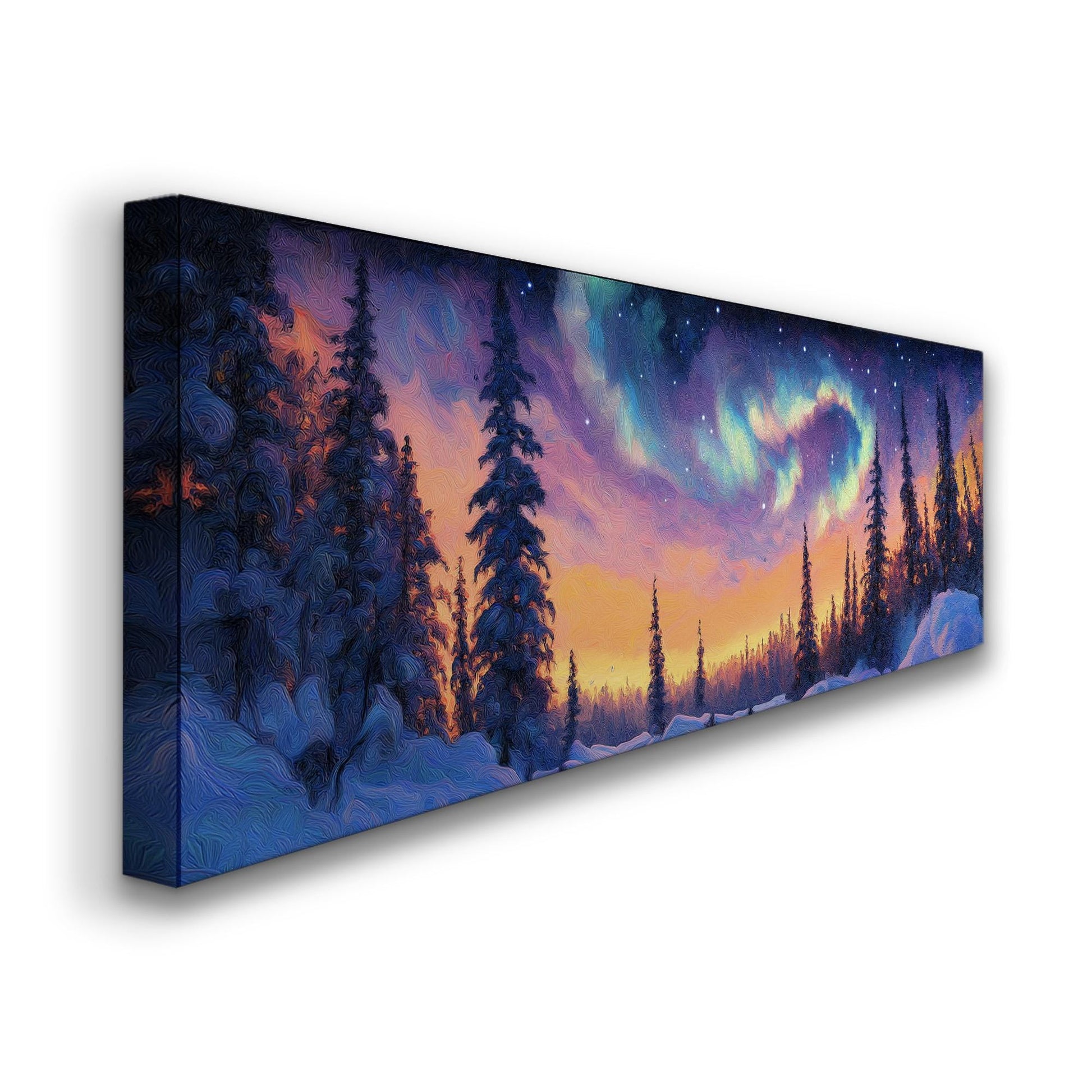 Northern Lights Panoramic Wall Art Snowy Trees, Panorama Starry Sky Canvas Print, Aurora Borealis Decor Canvas Art