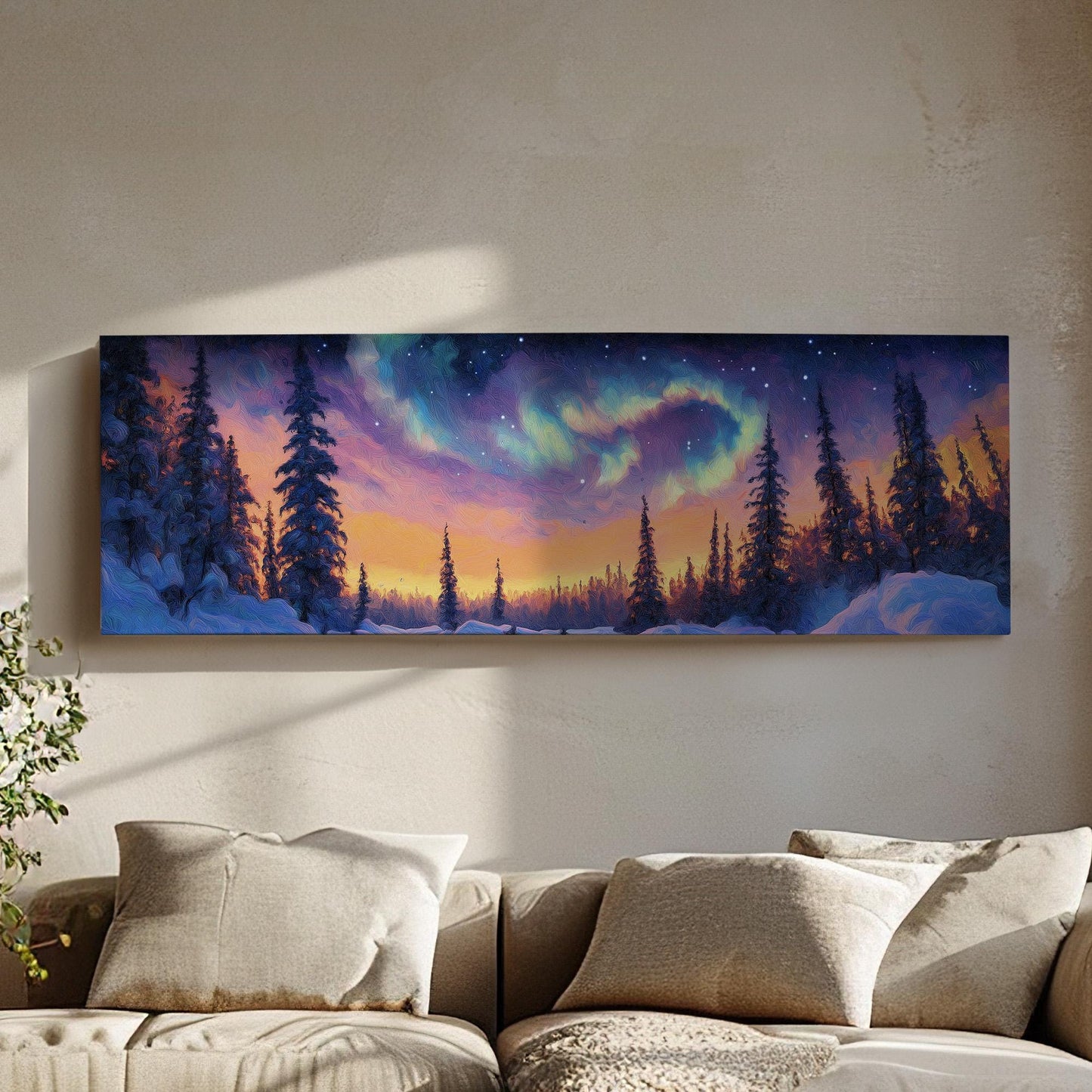 Northern Lights Panoramic Wall Art Snowy Trees, Panorama Starry Sky Canvas Print, Aurora Borealis Decor Canvas Art