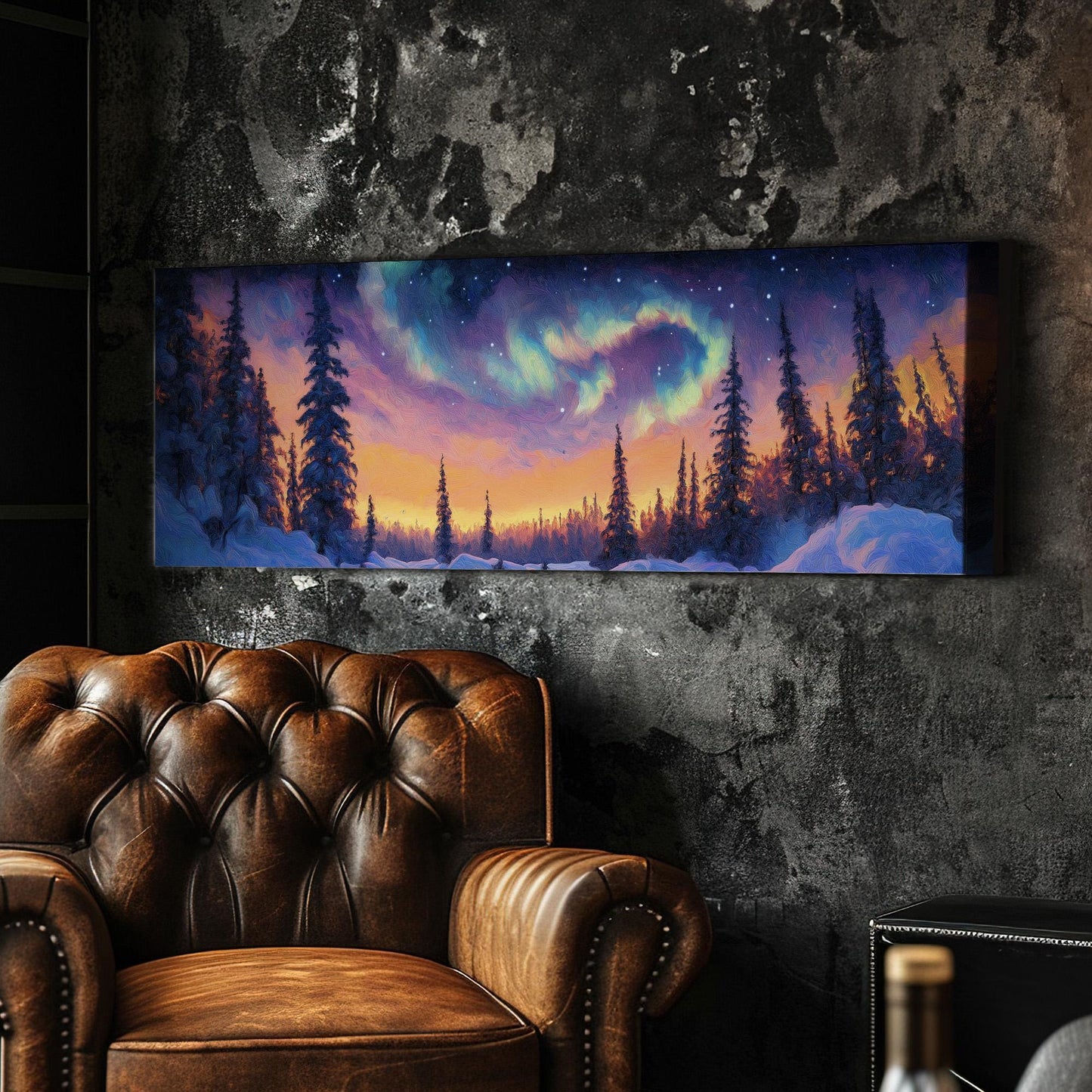 Northern Lights Panoramic Wall Art Snowy Trees, Panorama Starry Sky Canvas Print, Aurora Borealis Decor Canvas Art