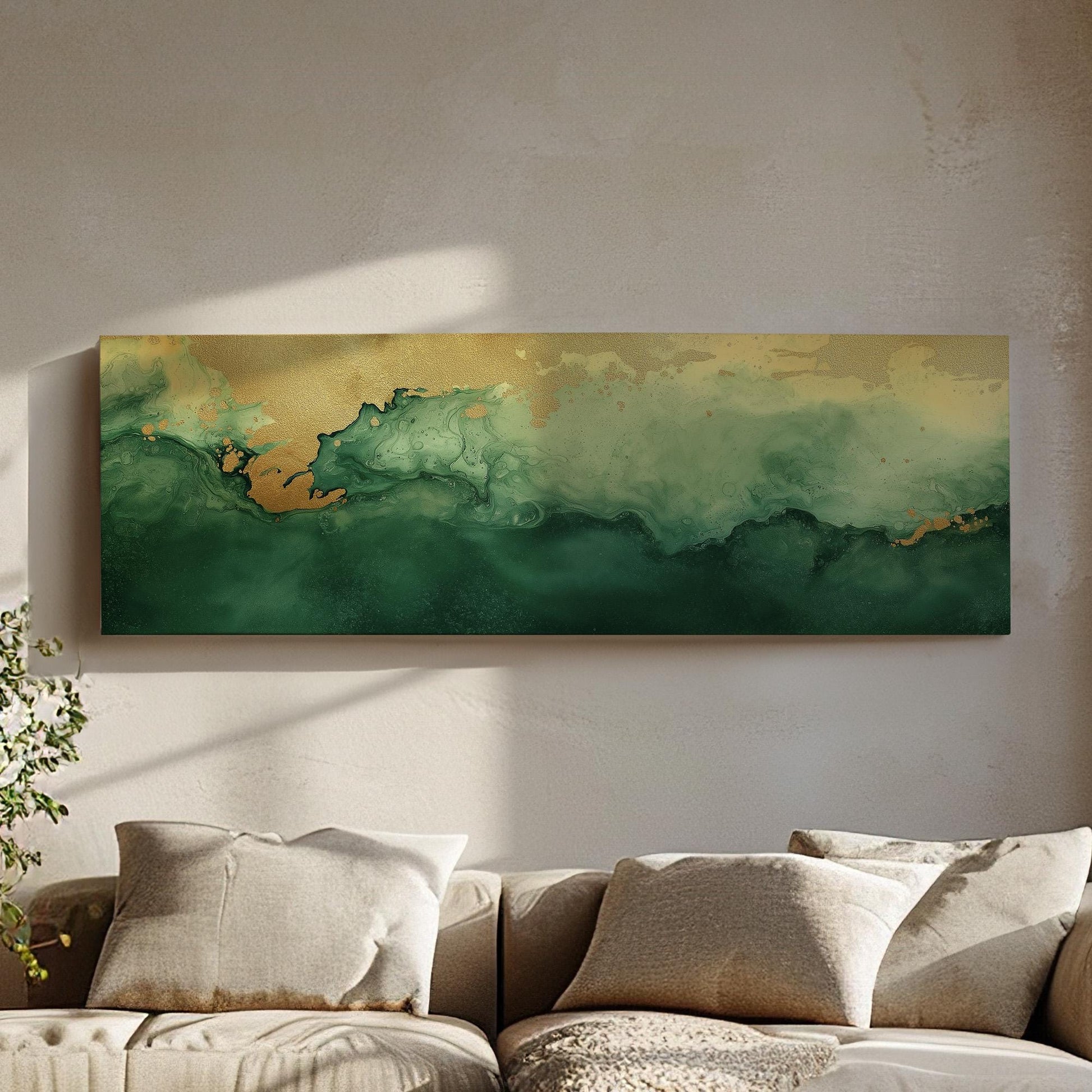 Abstract Golden Flow Panoramic Wall Art Emerald Green, Panorama Beautiful Landscape Canvas Print, Rustic Country Decor Canvas Art