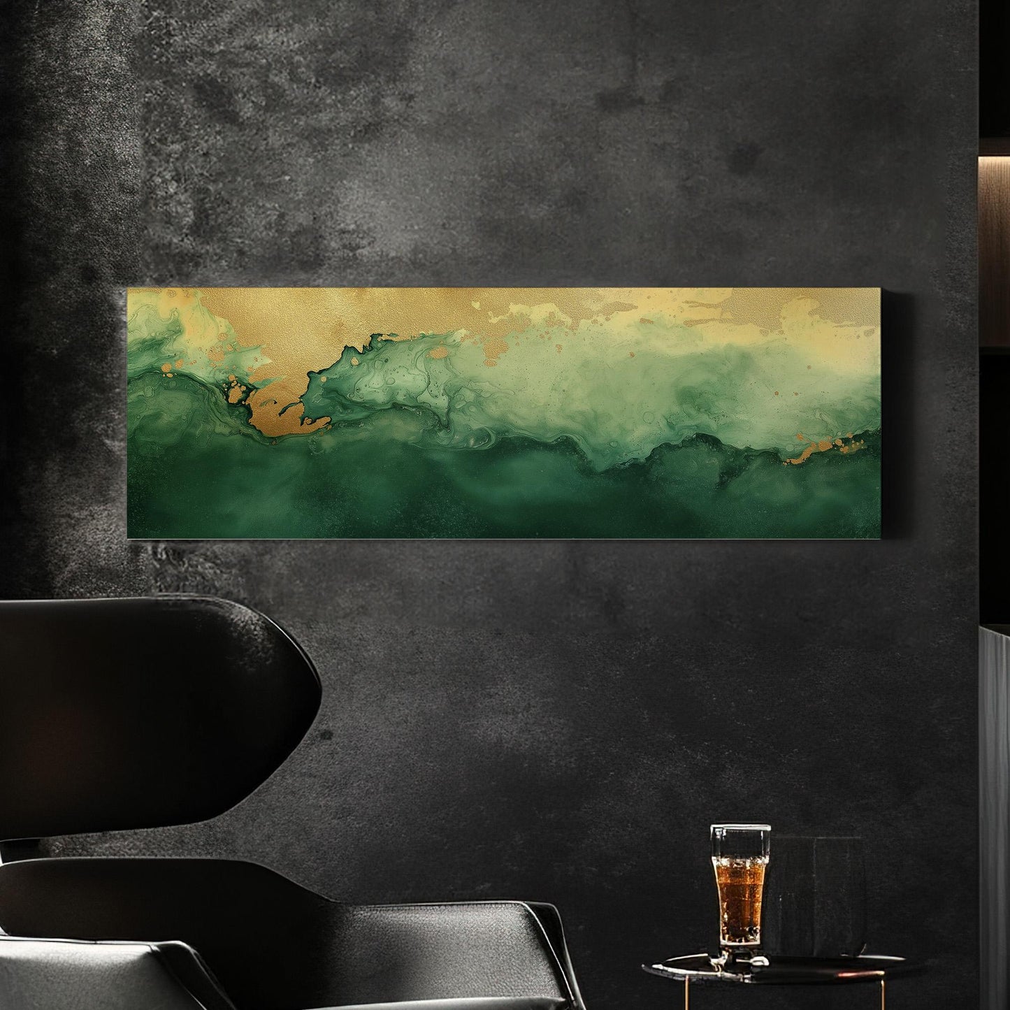 Abstract Golden Flow Panoramic Wall Art Emerald Green, Panorama Beautiful Landscape Canvas Print, Rustic Country Decor Canvas Art