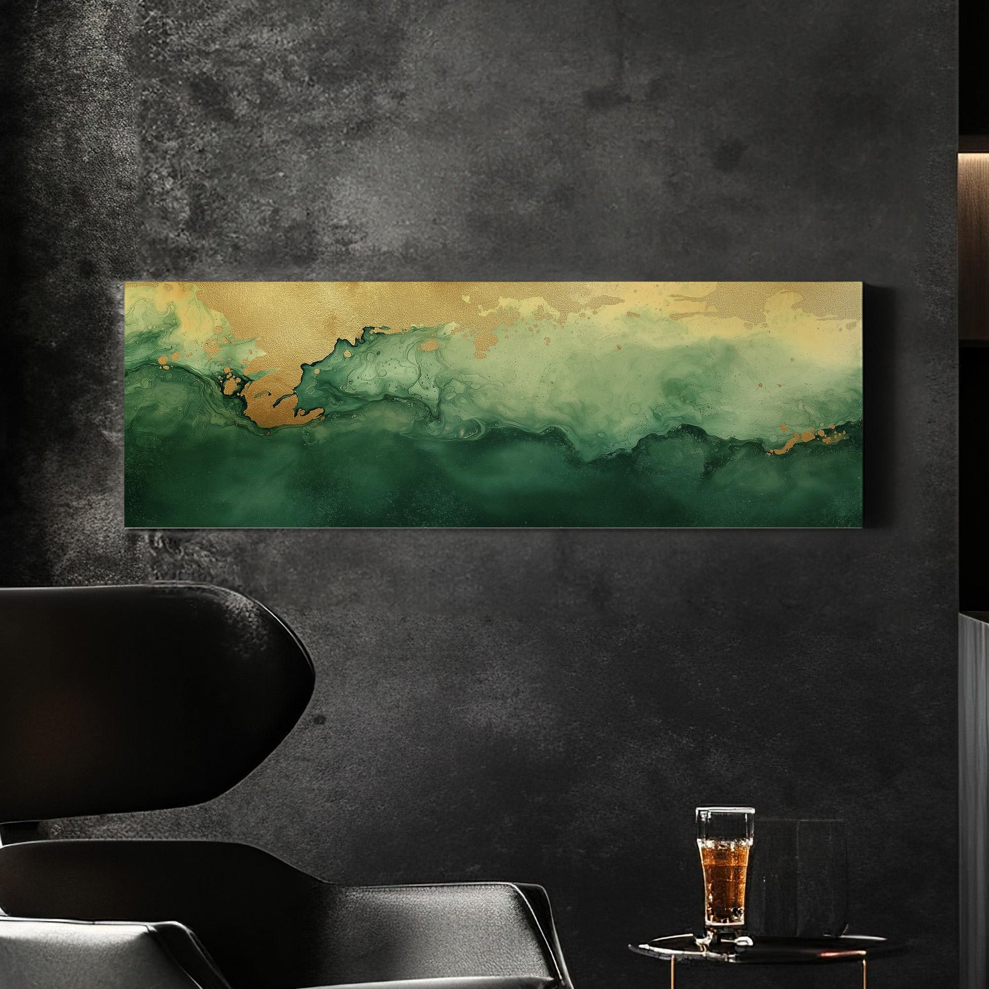 Abstract Golden Flow Panoramic Wall Art Emerald Green, Panorama Beautiful Landscape Canvas Print, Rustic Country Decor Canvas Art